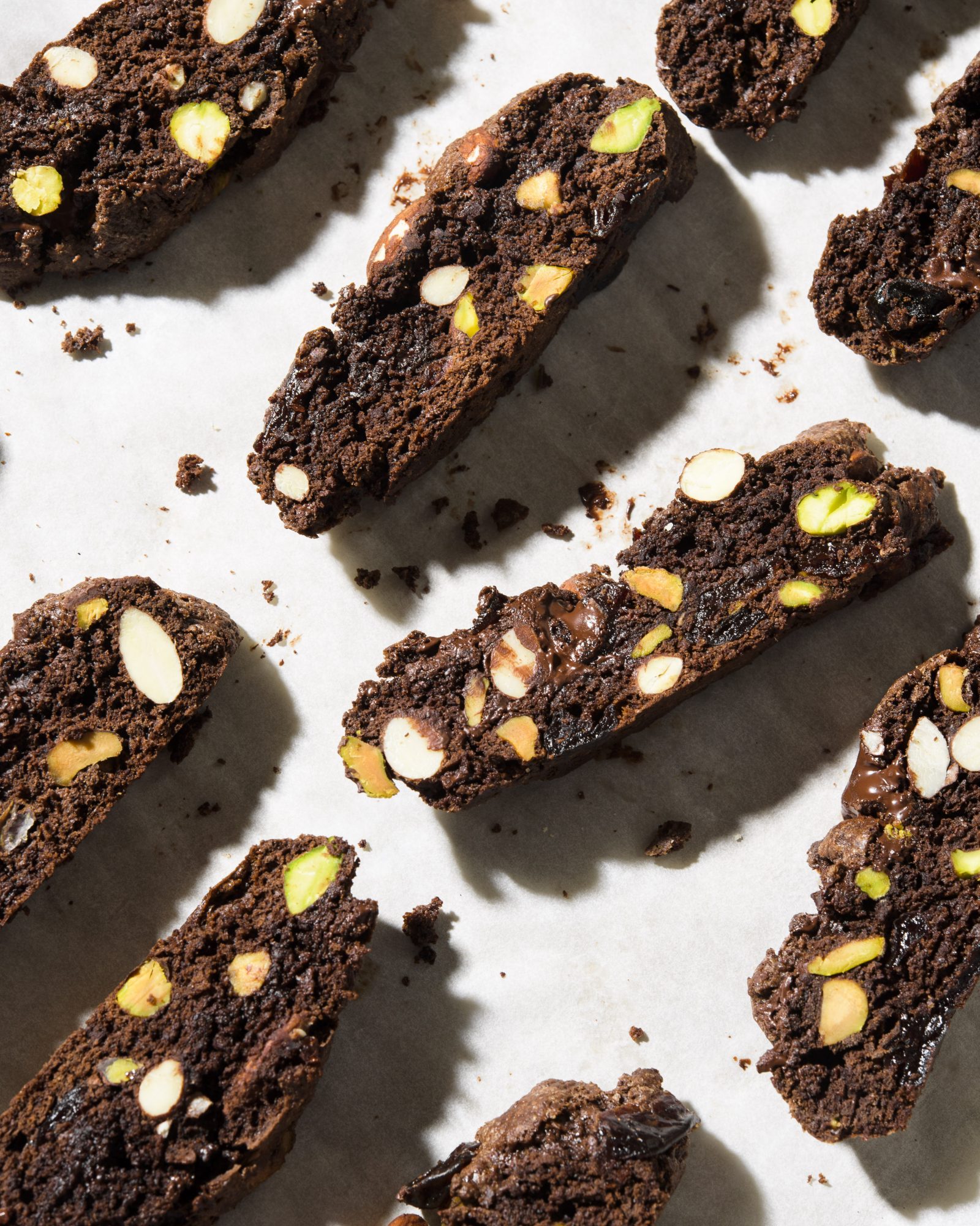 Chocolate biscotti pistachios almonds dried cherries v