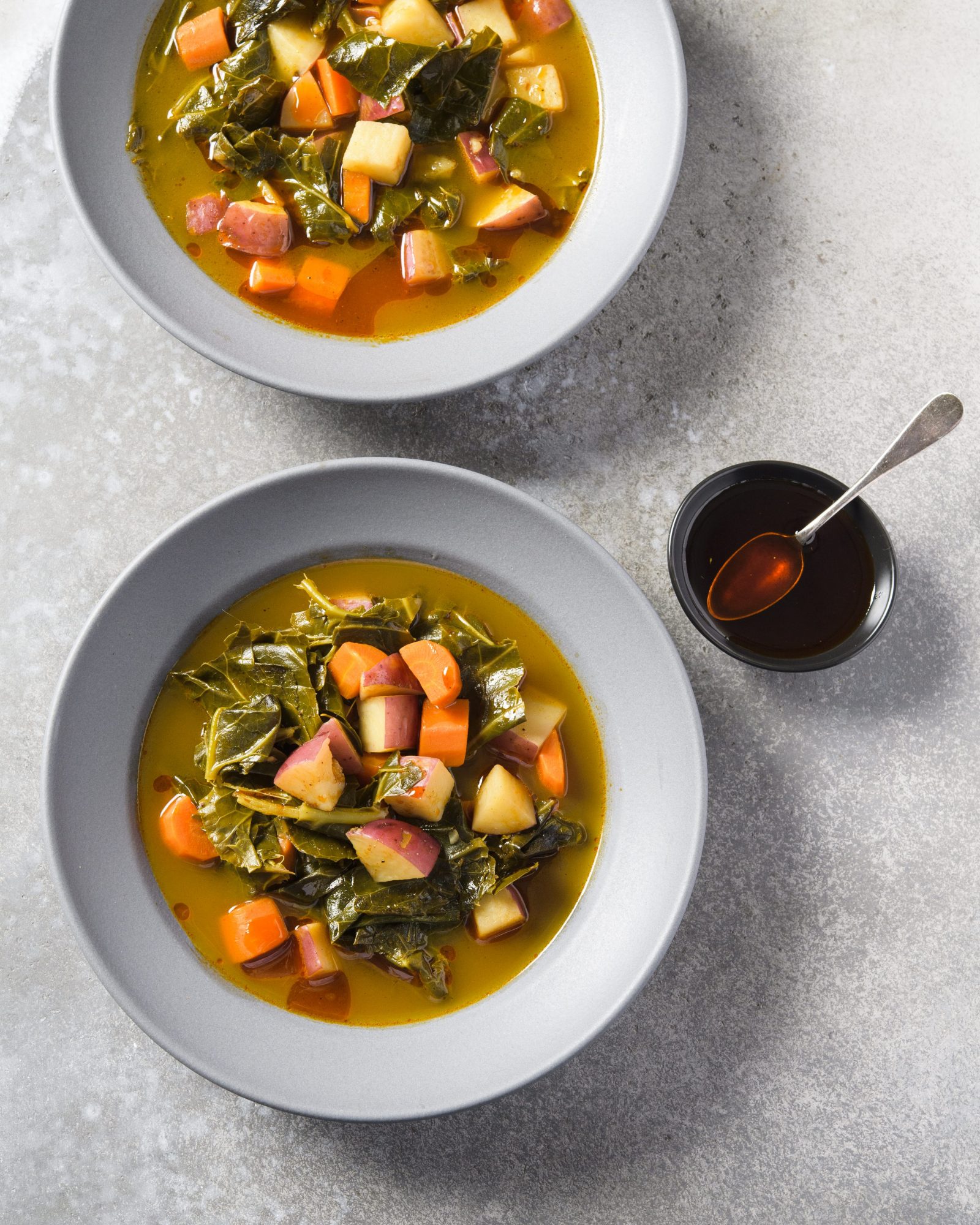 Collard greens potato soup chili oil v