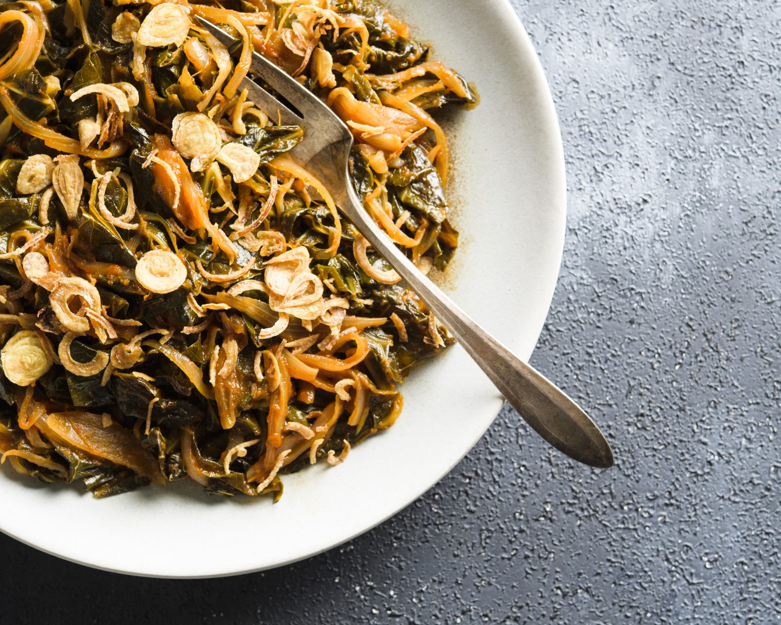 Collard greens stewed tomato shallots ginger h
