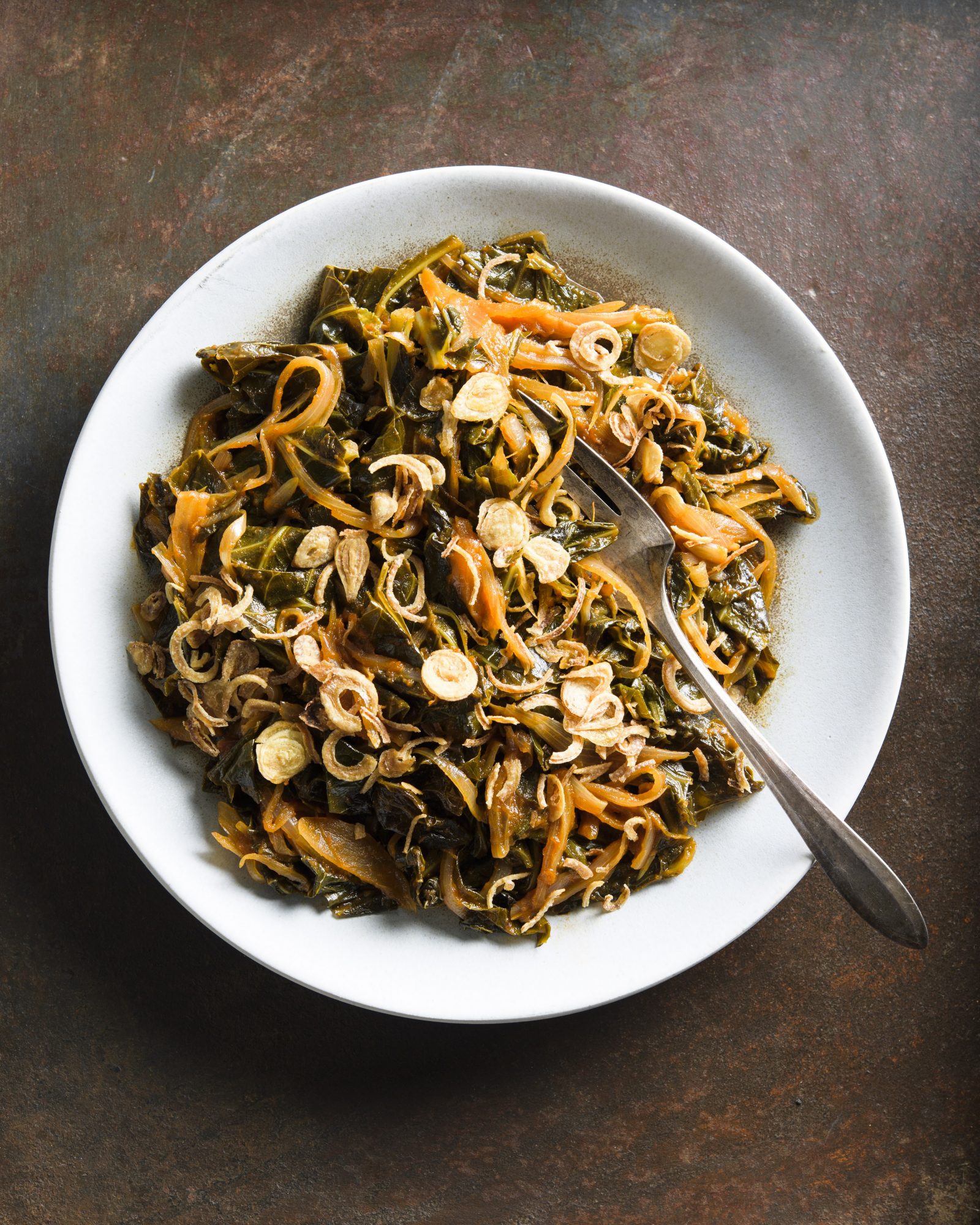 Collard greens stewed tomato shallots ginger v