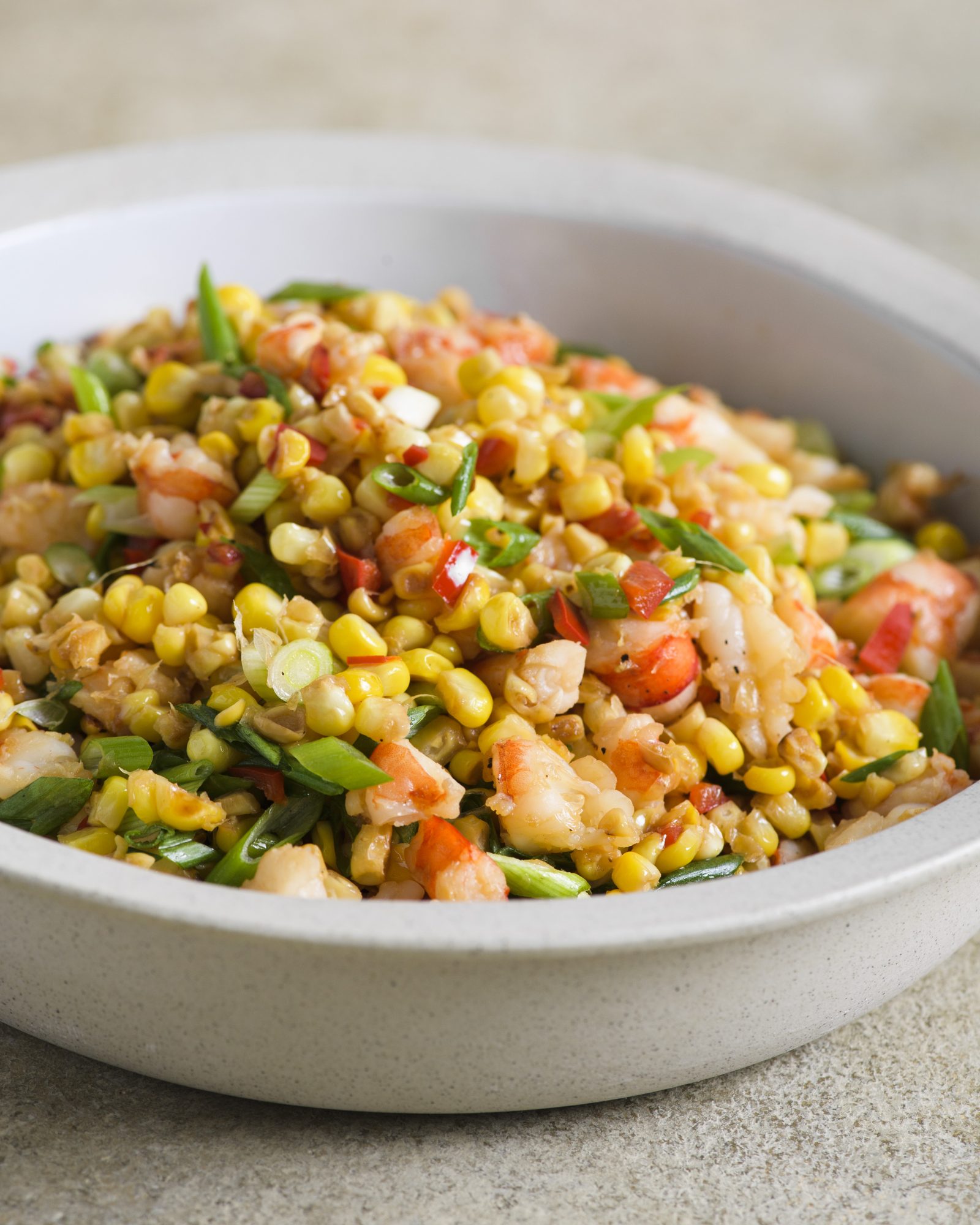 Corn shrimp chilies scallions v