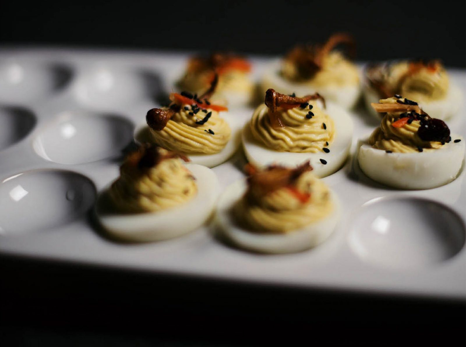 Easy brown miso and kimchi deviled eggs with fried mushrooms