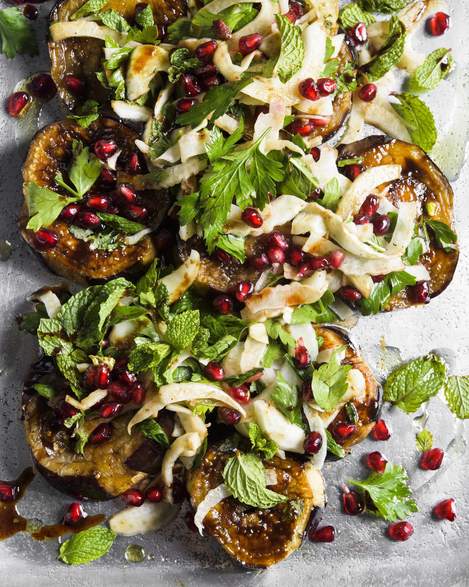 Eggplant pomegranate molasses fennel herbs v