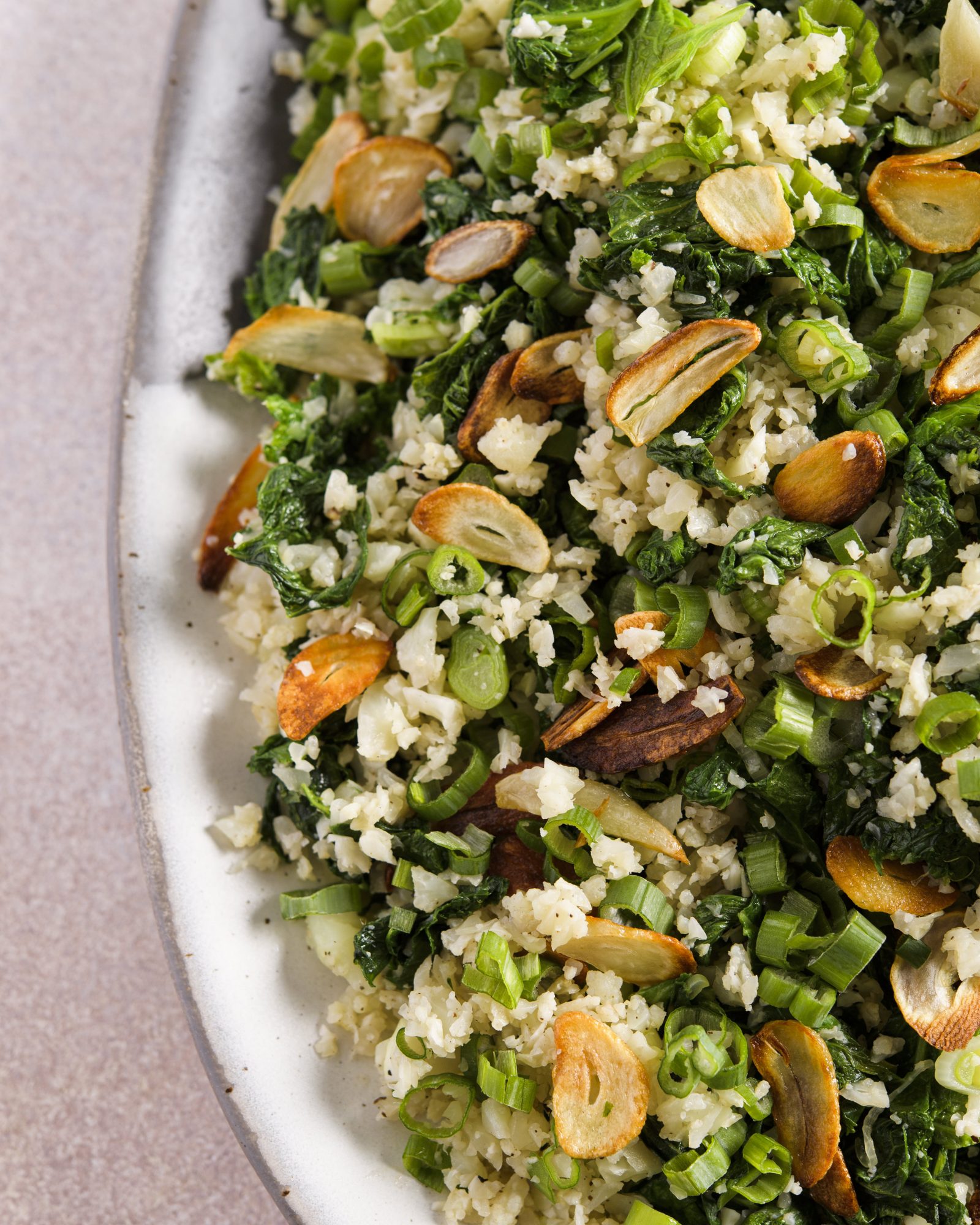 Garlicky cauliflower rice mustard greens scallions v
