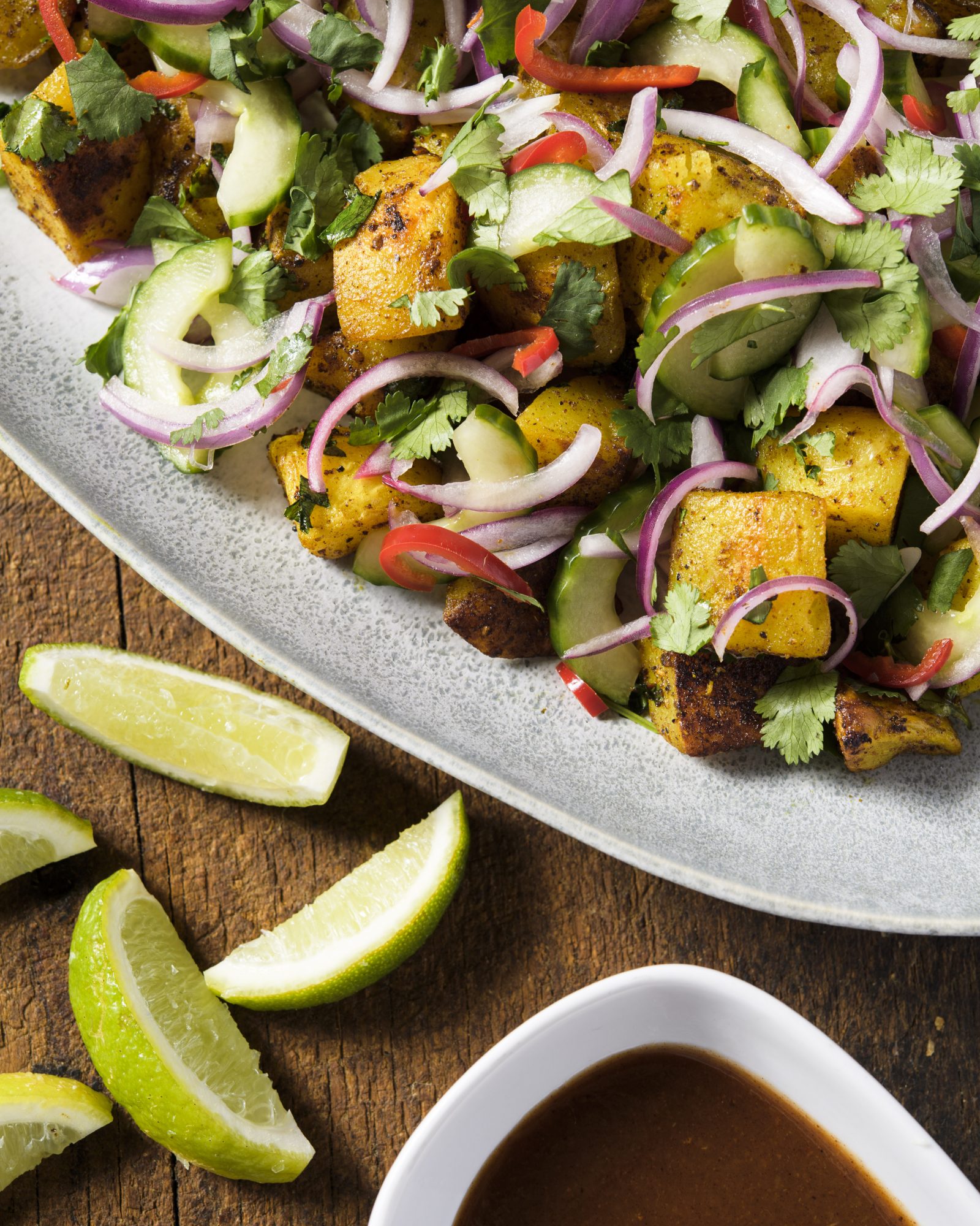 Indian spiced roasted potatoes quick pickles v