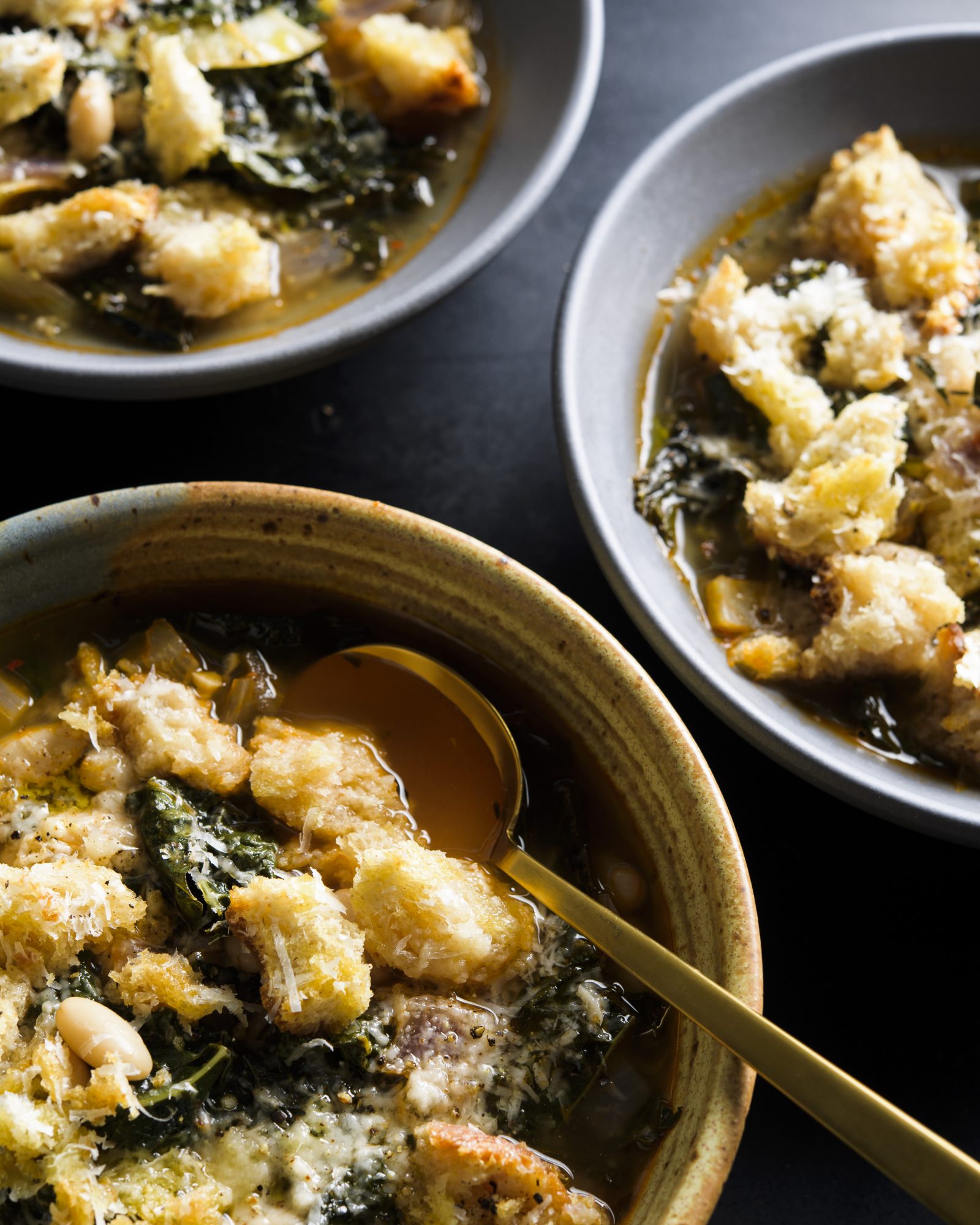 Kale fennel white bean soup parmesan croutons v