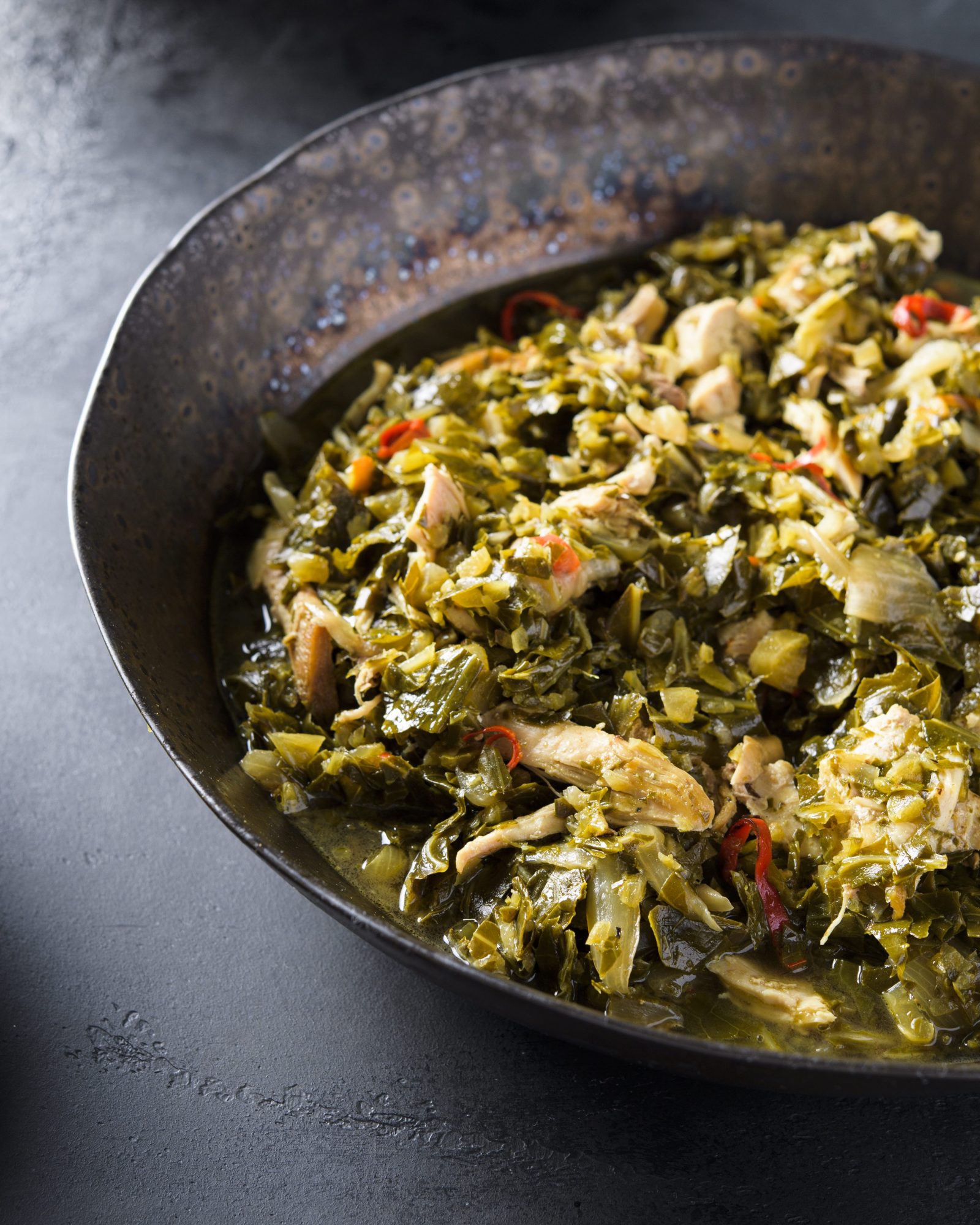 Liberian stewed greens chicken fresh chilies v