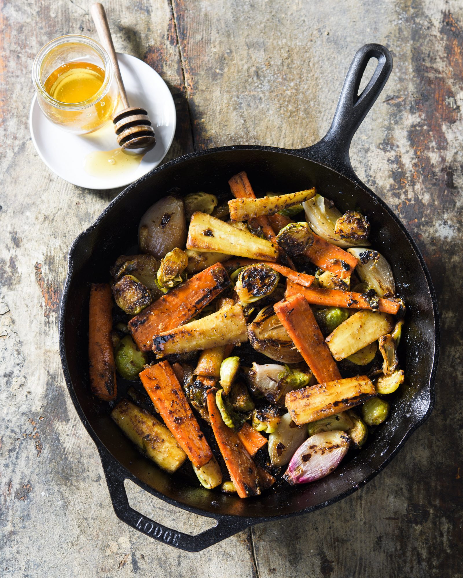 Pan roasted winter vegetables miso ginger honey v