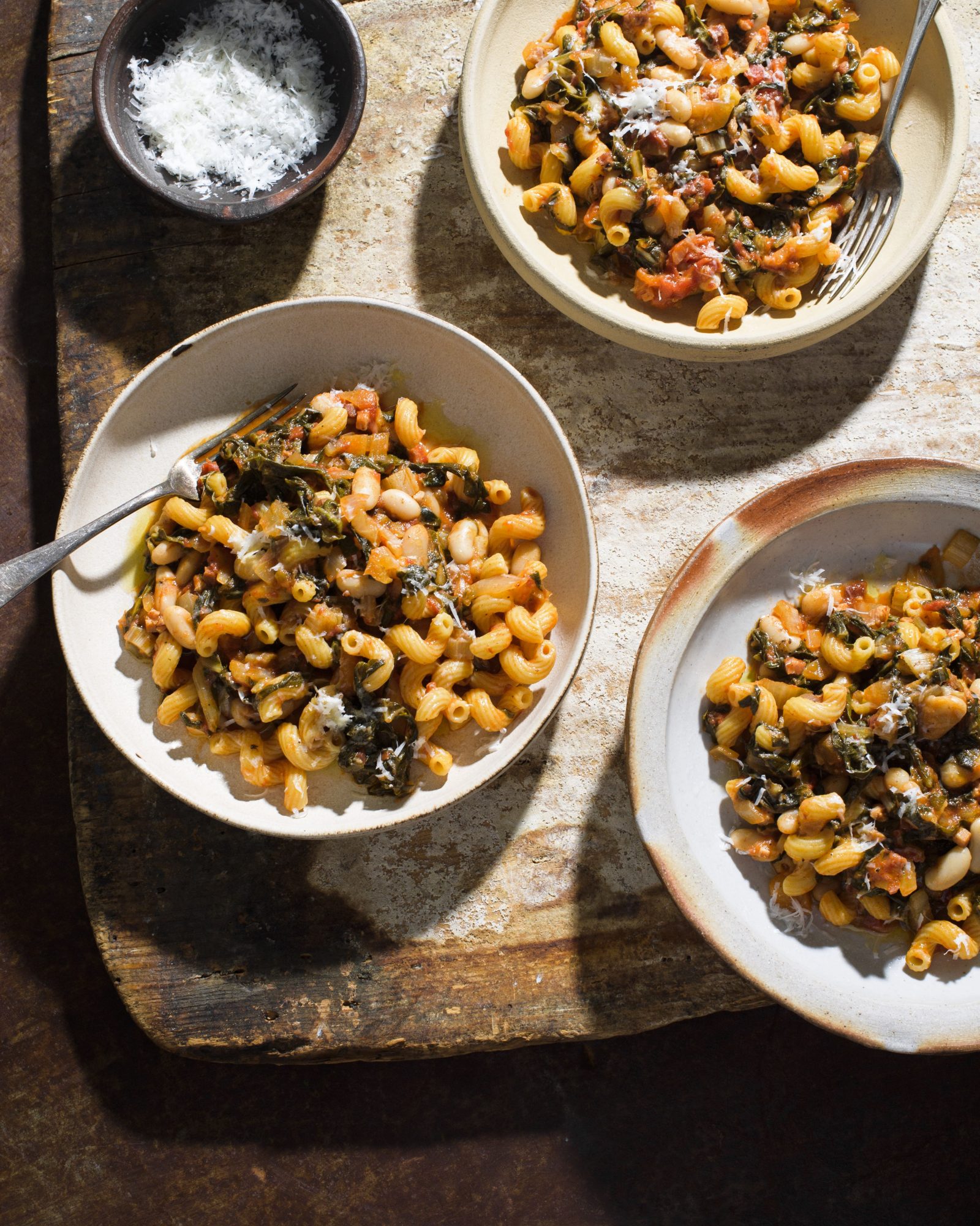 Pasta pancetta swiss chard white beans v