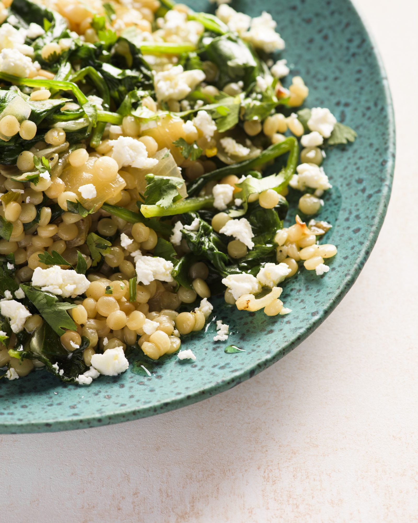 Pearl couscous spinach cilantro feta v