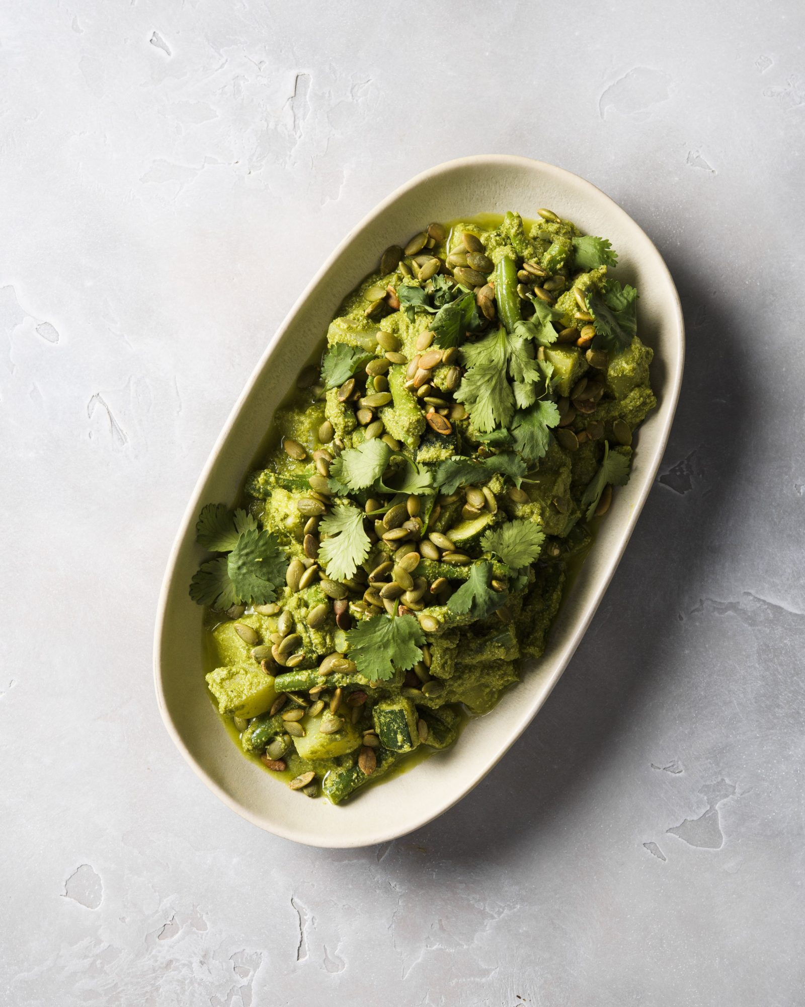 Pipian verde potatoes green beans zucchini v