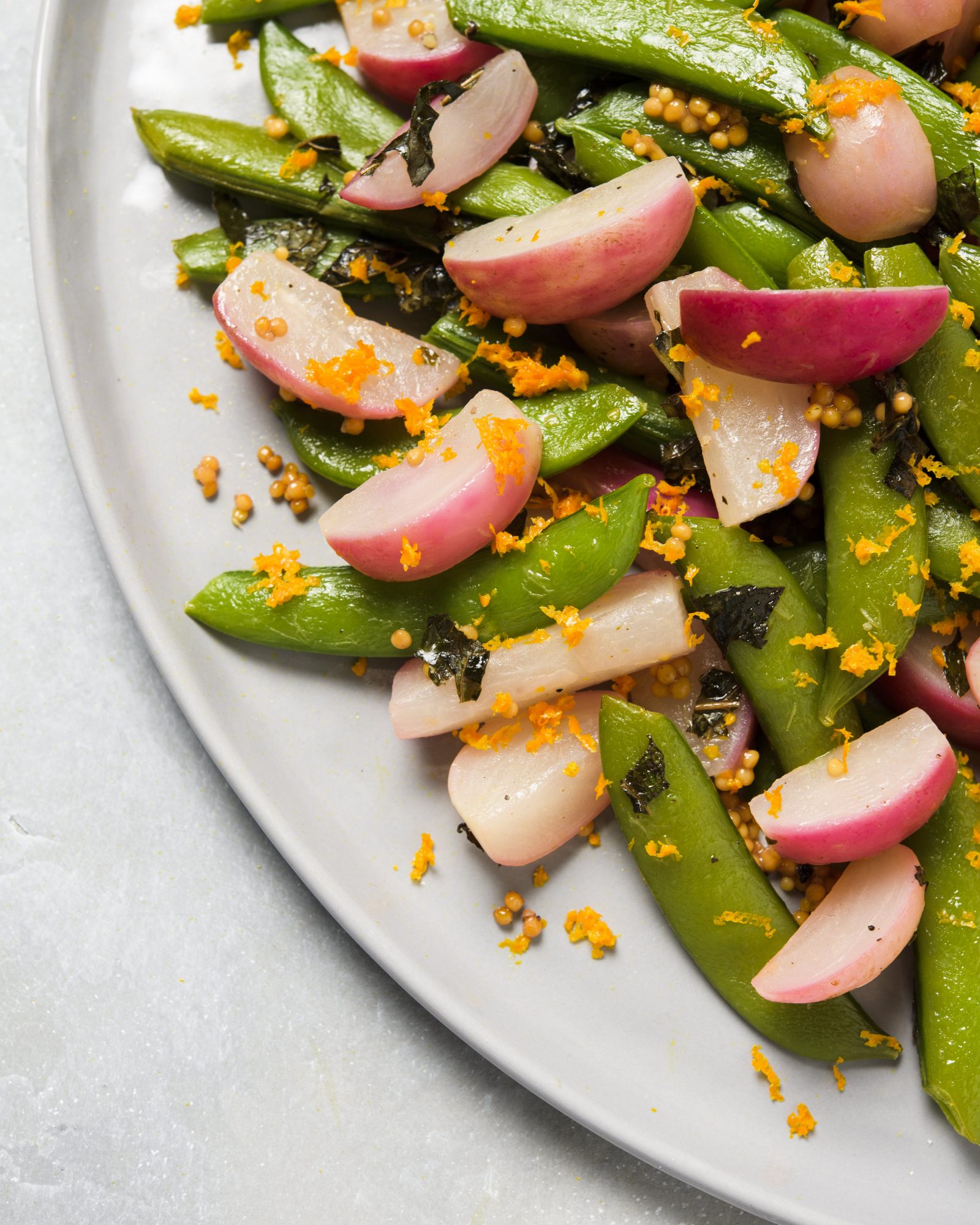 Radishes snap peas orange mint v