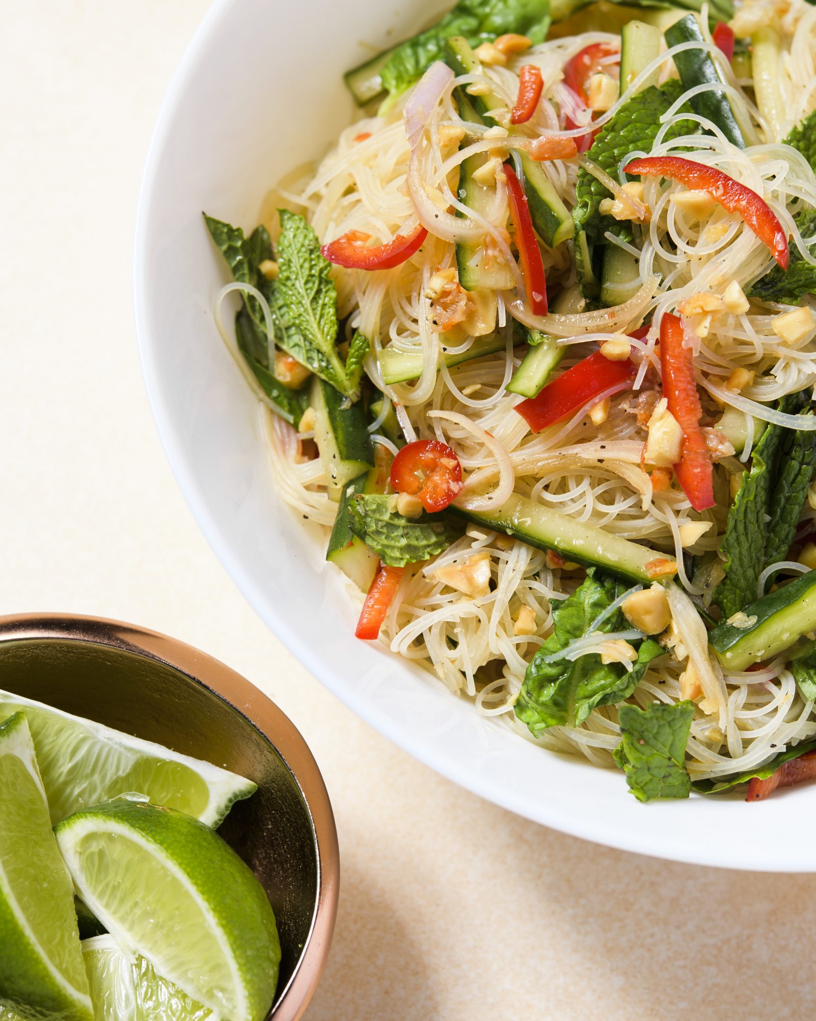 Rice noodle cucumber herb salad v