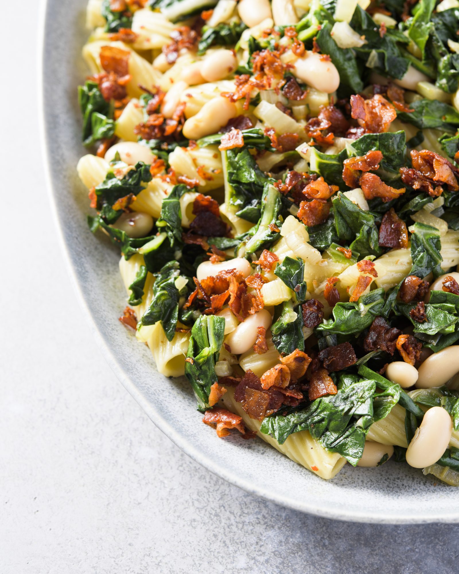 Rigatoni swiss chard white beans rosemary v