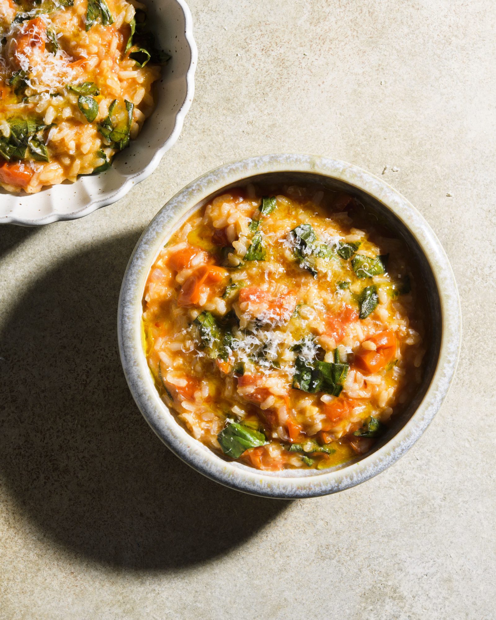 Roasted tomato risotto basil parmesan v