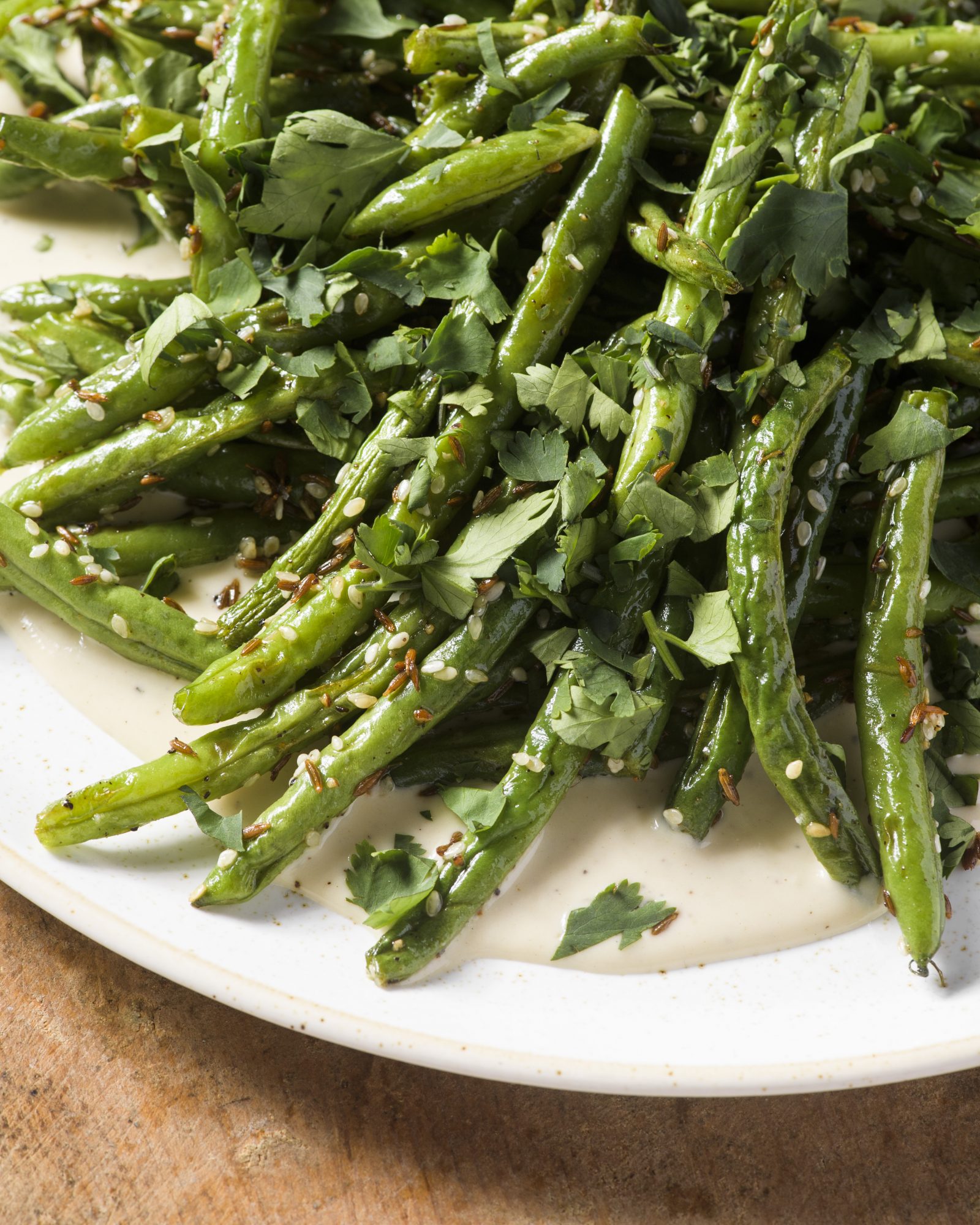 Sesame cumin roasted green beans tahini sauce v