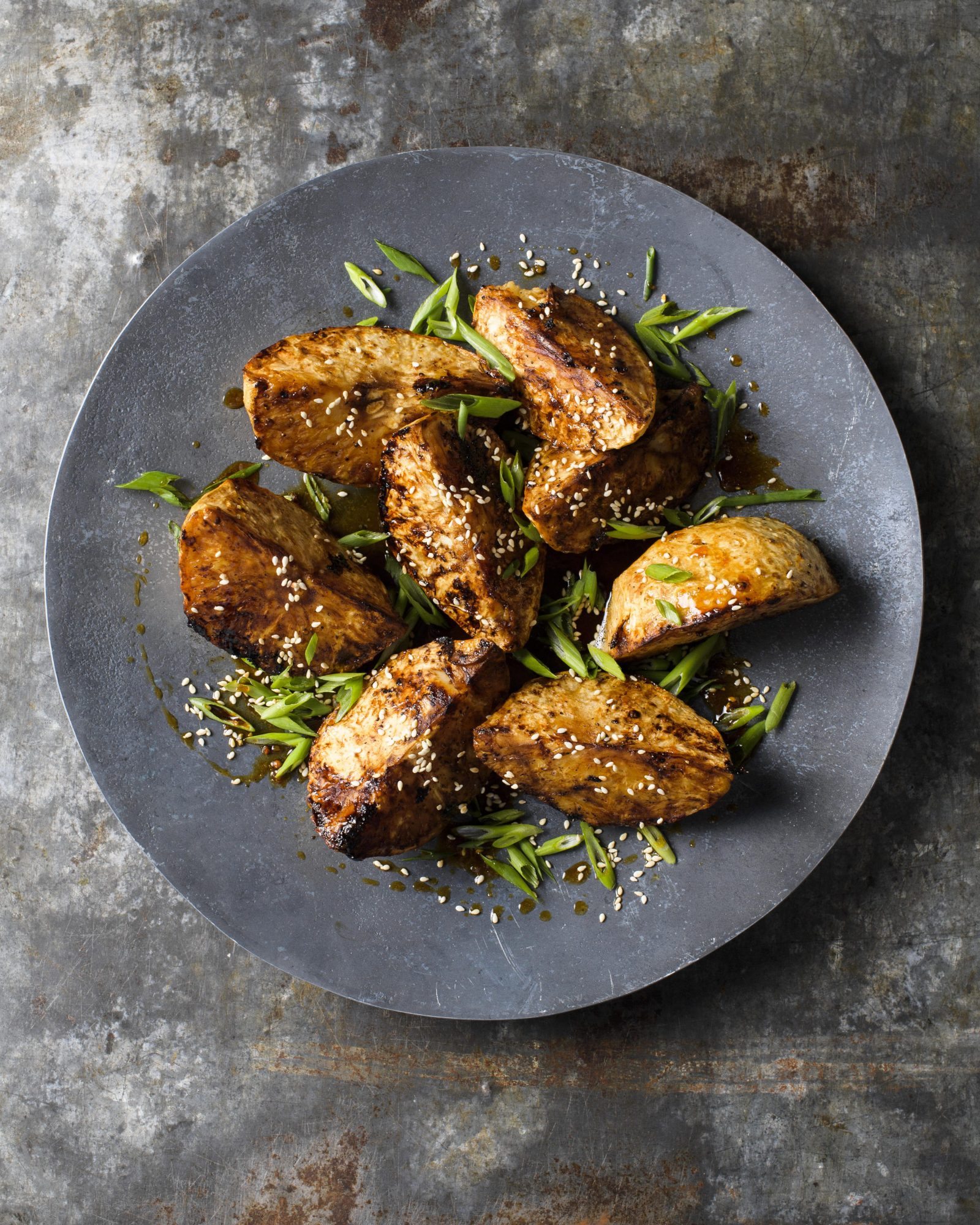 Sesame soy glazed roasted celery root v
