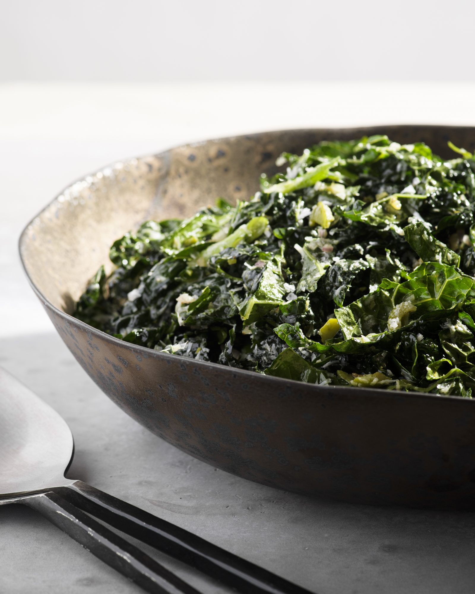 Shredded kale salad lemon olives pecorino v