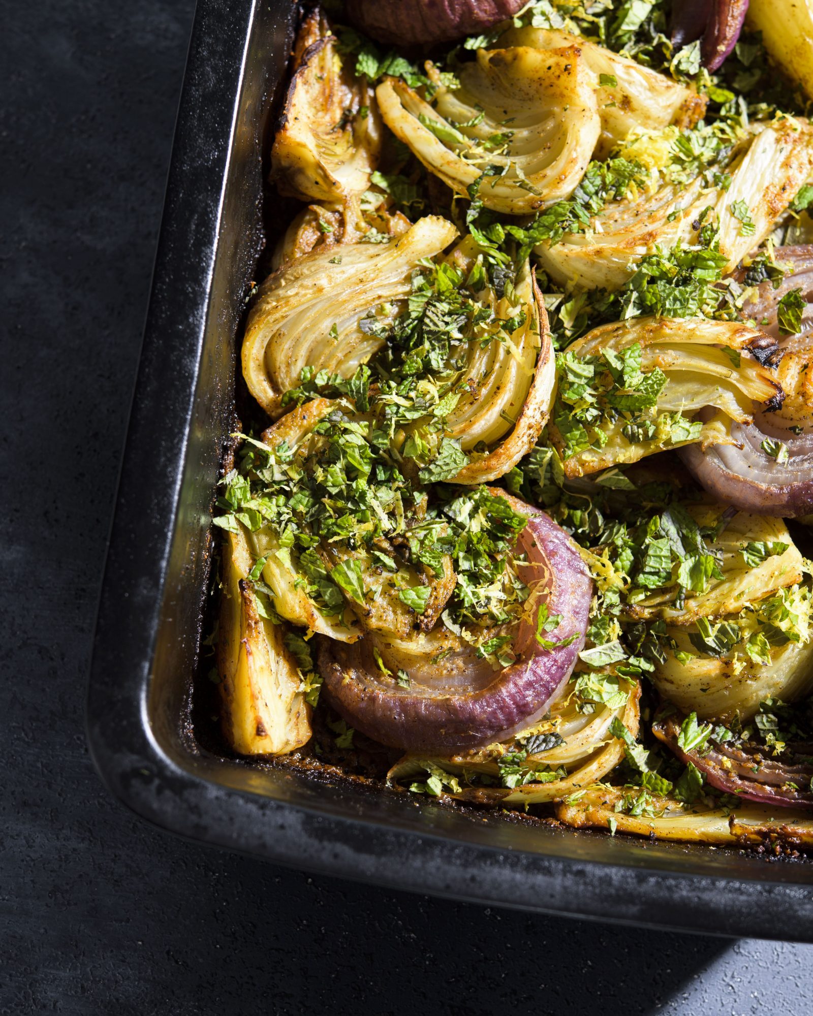 Slow roasted fennel red onions tahini spicesv