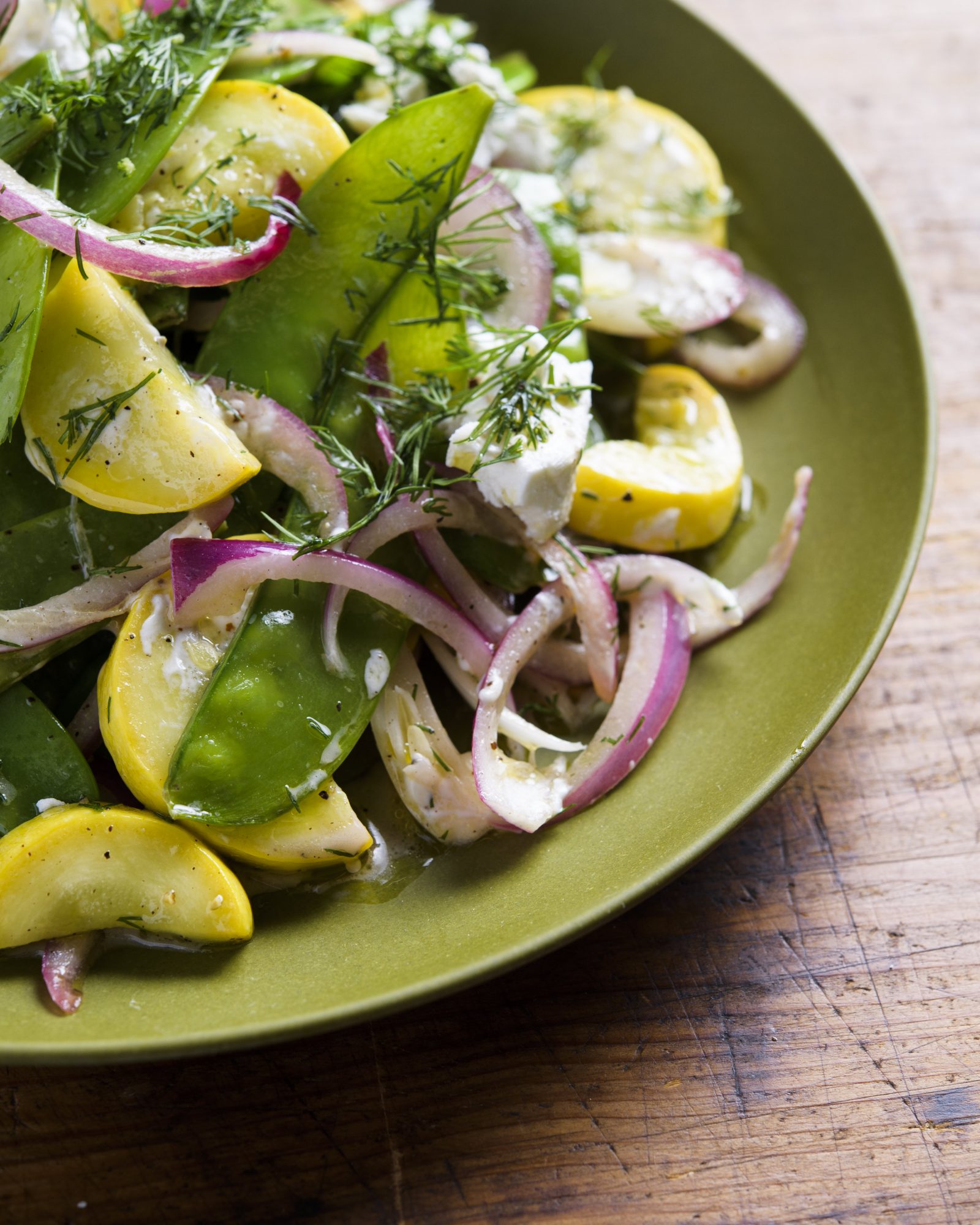 Snow pea summer squash salad goat cheese v