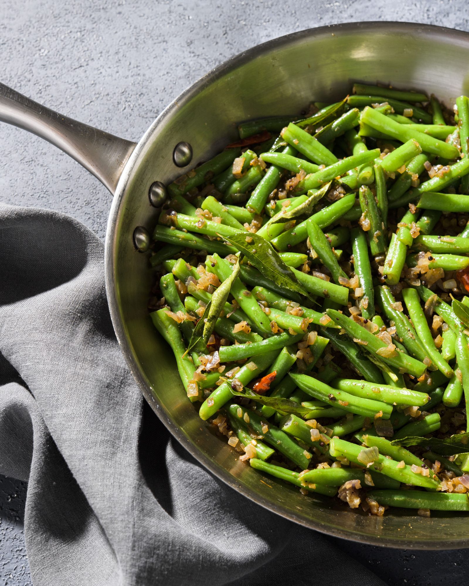 Stir fried green beans mustard seeds chilies v