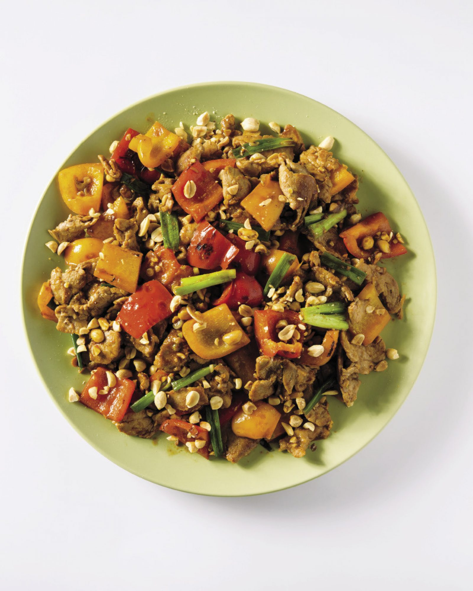 Stir fried pork sweet peppers peanuts v