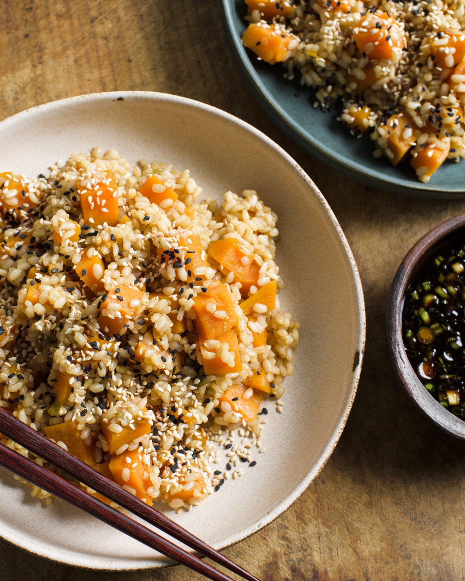 Sweet potato brown rice soy scallions v