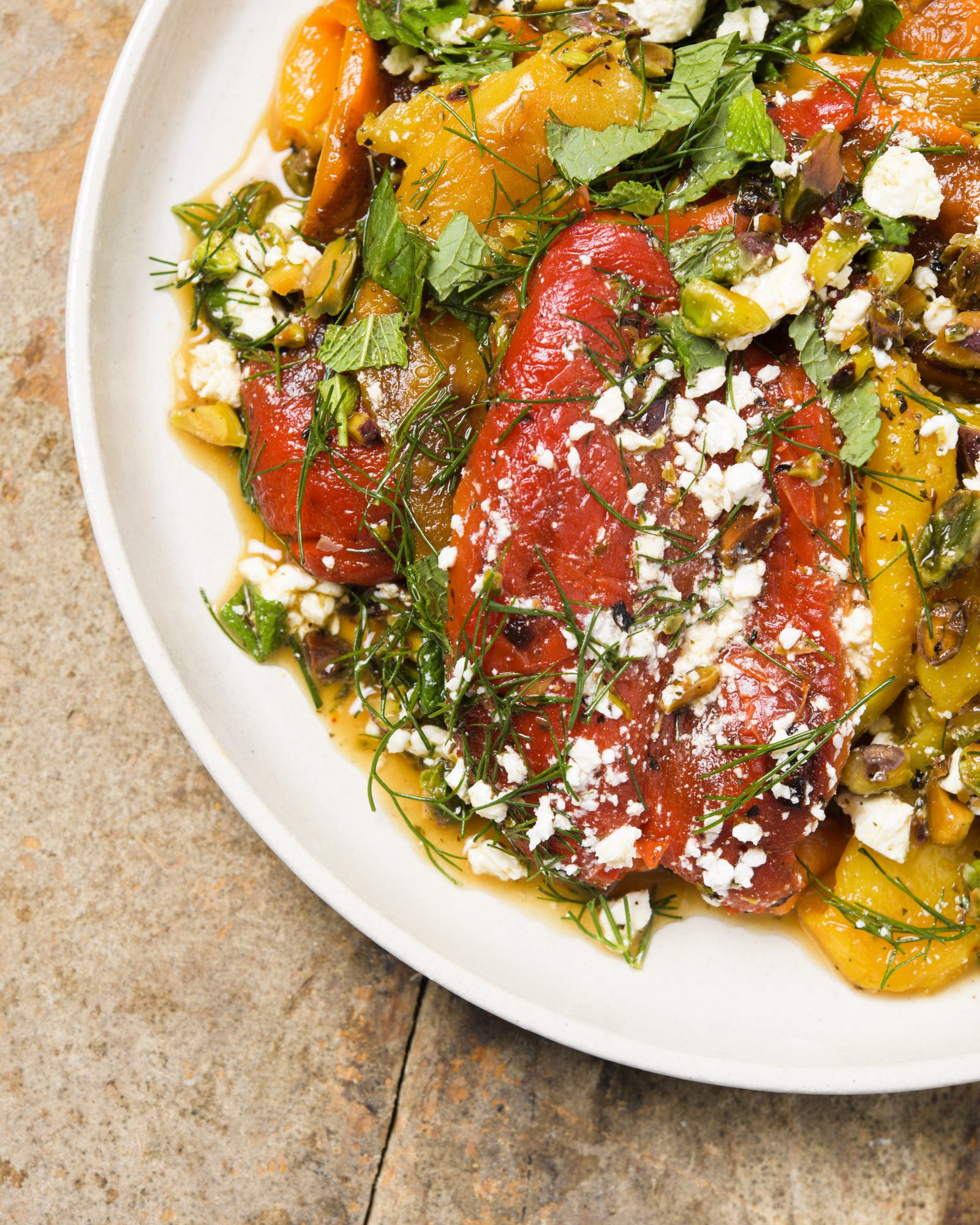 Sweet sour roasted peppers feta mint v