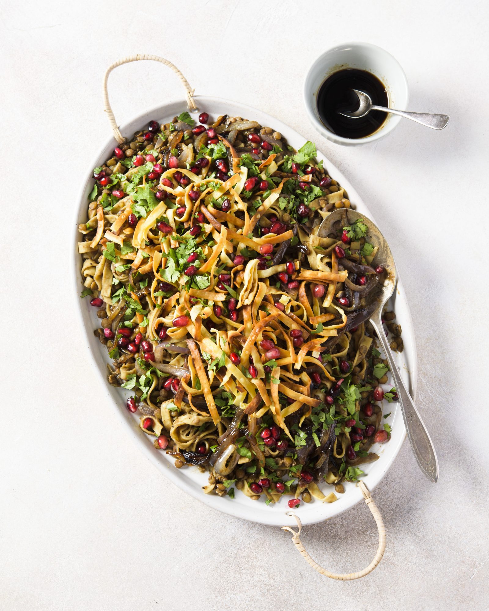 Syrian style pasta lentils pomegranate molasses v