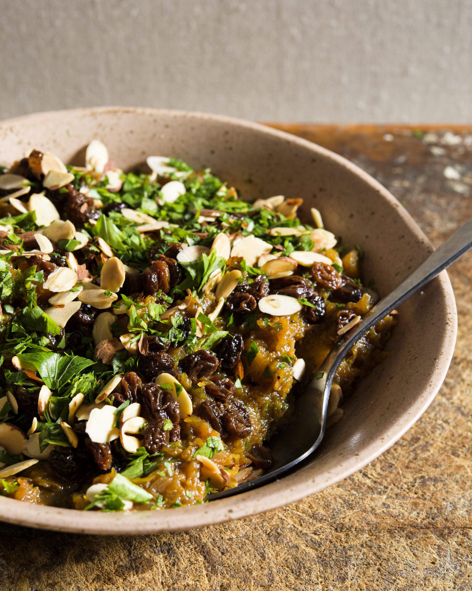 Winter squash raisins almonds caramelized onions v