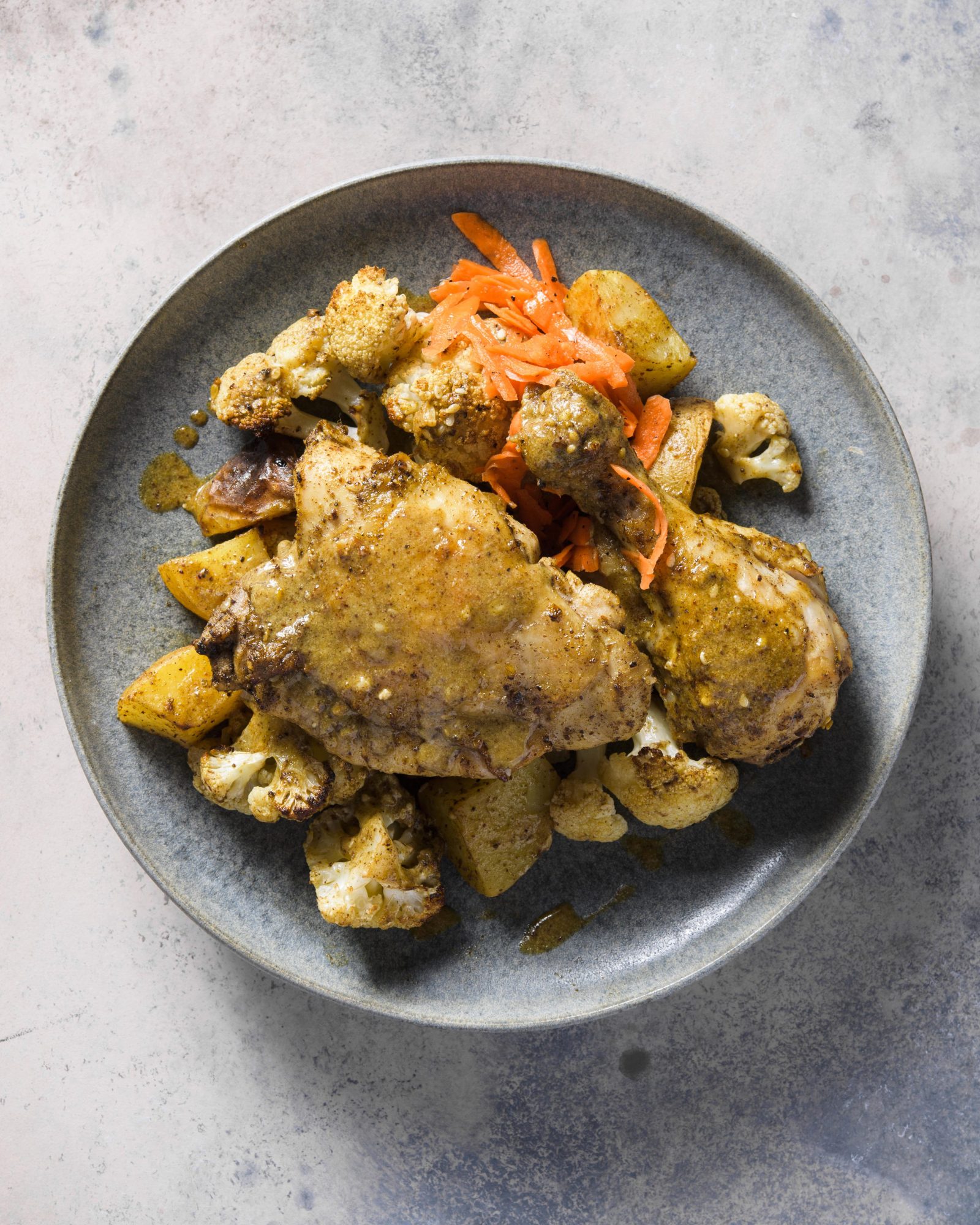 Zaatar chicken vegetable traybake tahini lemon sauce v