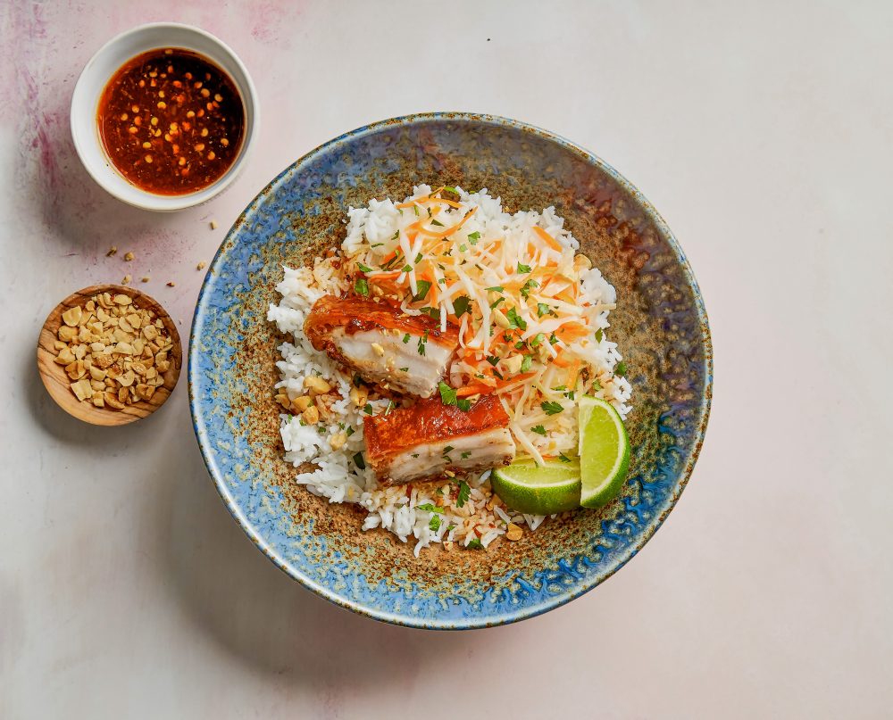 Crisp Skin Pork Belly Rice Bowls Pickled Vegetables
