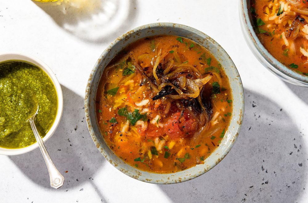 Tomato Rice Soup Carmelized Onion