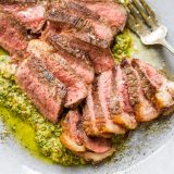 Seared Strip Steak Almond Rosemary Salsa Verde