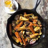 Pan roasted winter vegetables miso ginger honey v