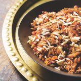 Red rice almonds raisins fried onions