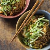 Udon noodles spicy meat mushroom sauce v