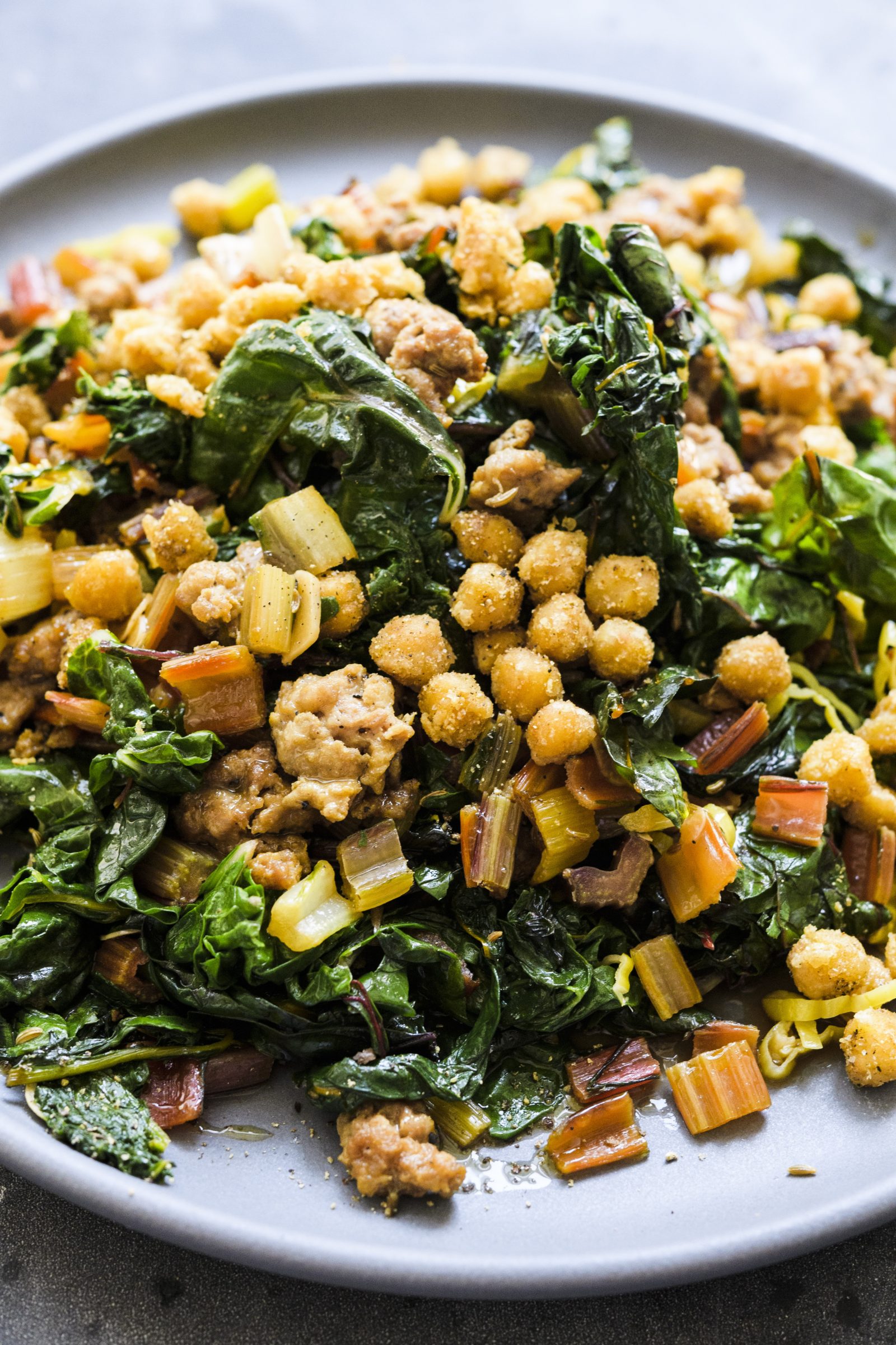 Chard and Sausage with Crispy Spiced Chickpeas