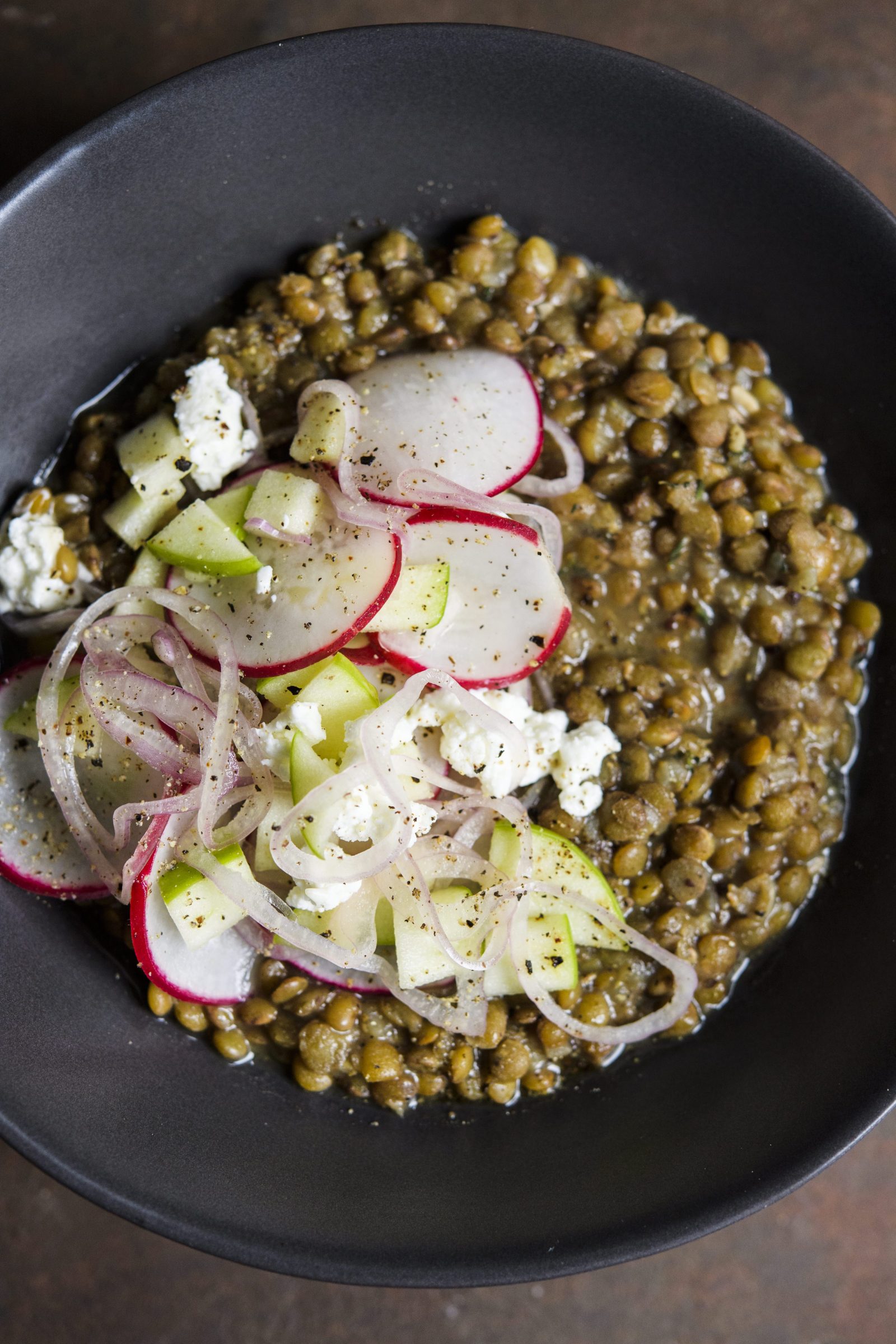 Cider-Braised Lentils with Apple-Radish Pickles
