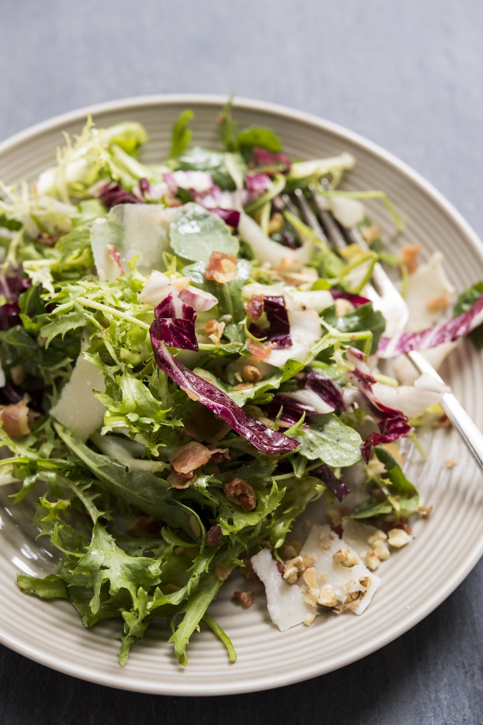 Greens with Walnuts, Parmesan and Pancetta Vinaigrette