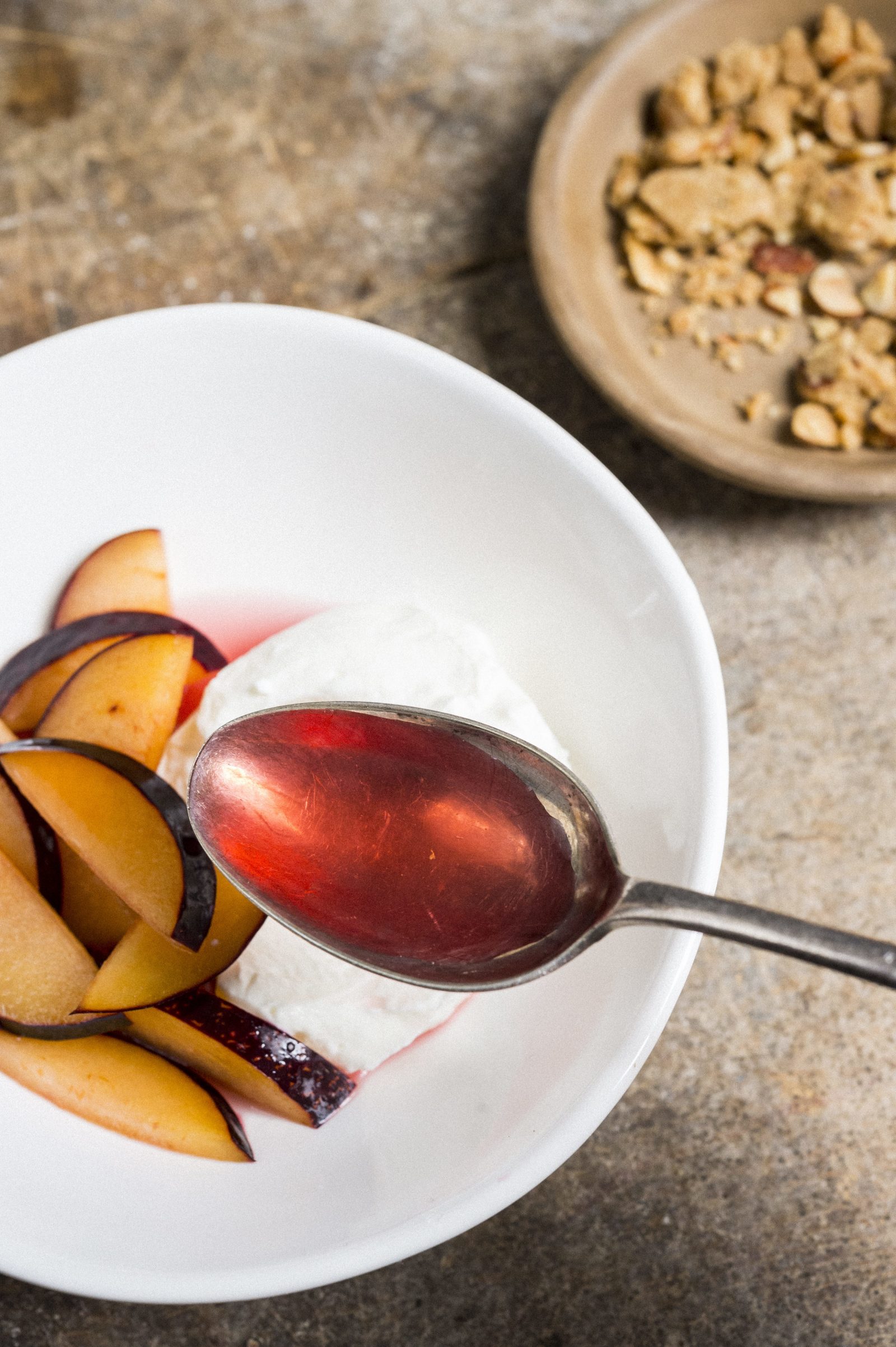 Rosé-Soaked Plums with Yogurt and Black Pepper Streusel
