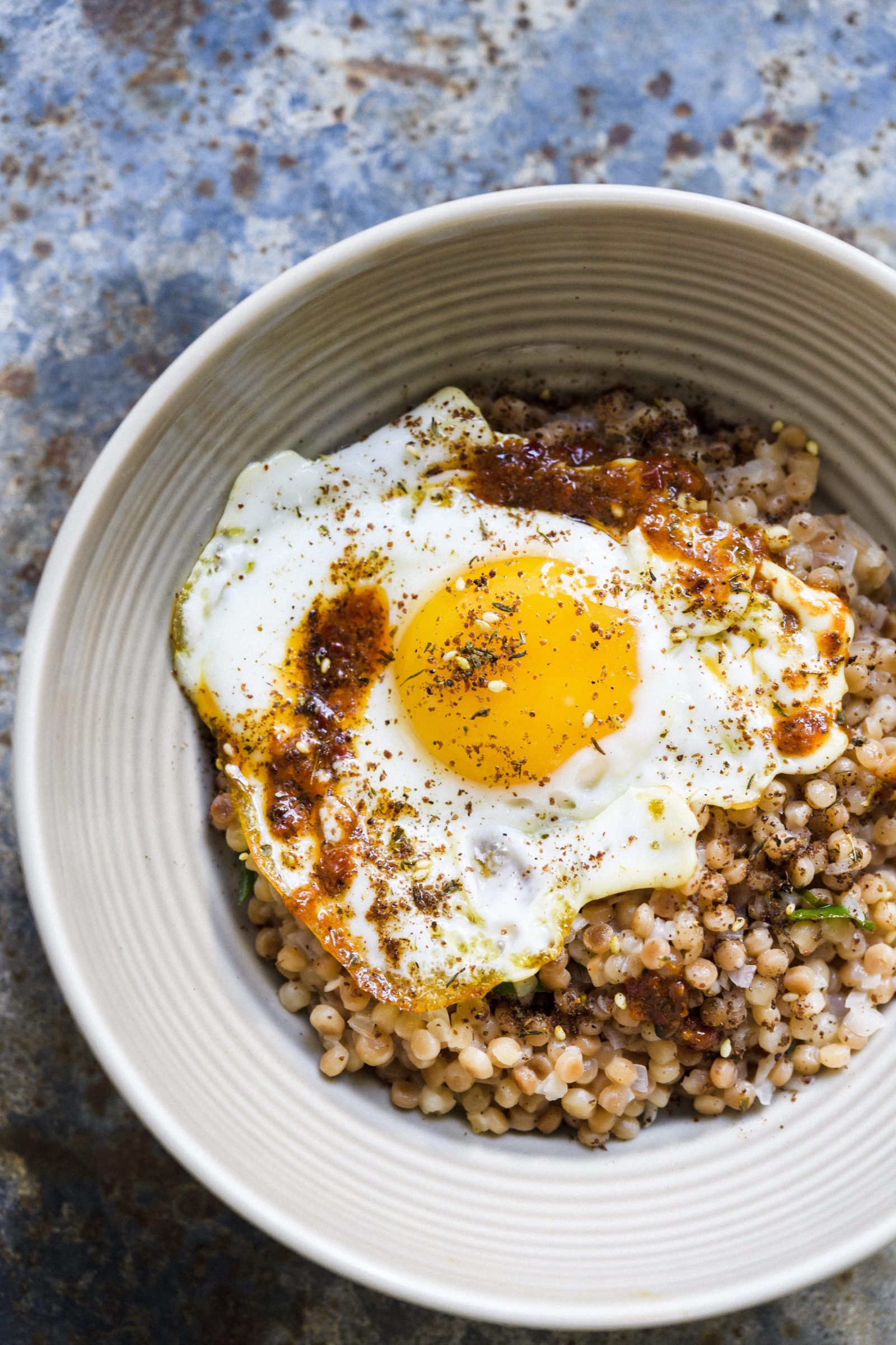 Toasted Pearl Couscous with Fried Eggs