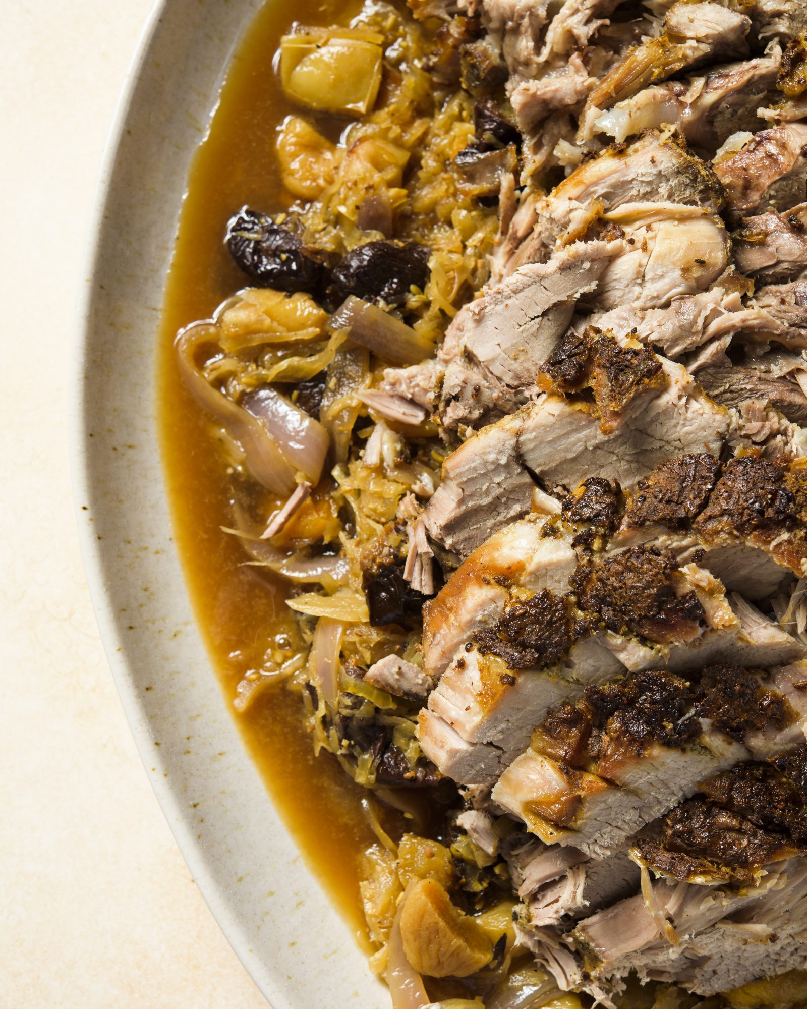 Slow roasted pork sauerkraut apples dried fruits v