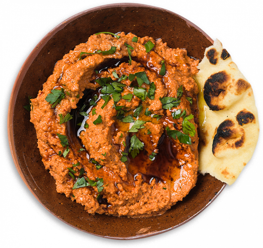 Muhammara gets its rich color from roasted red peppers.