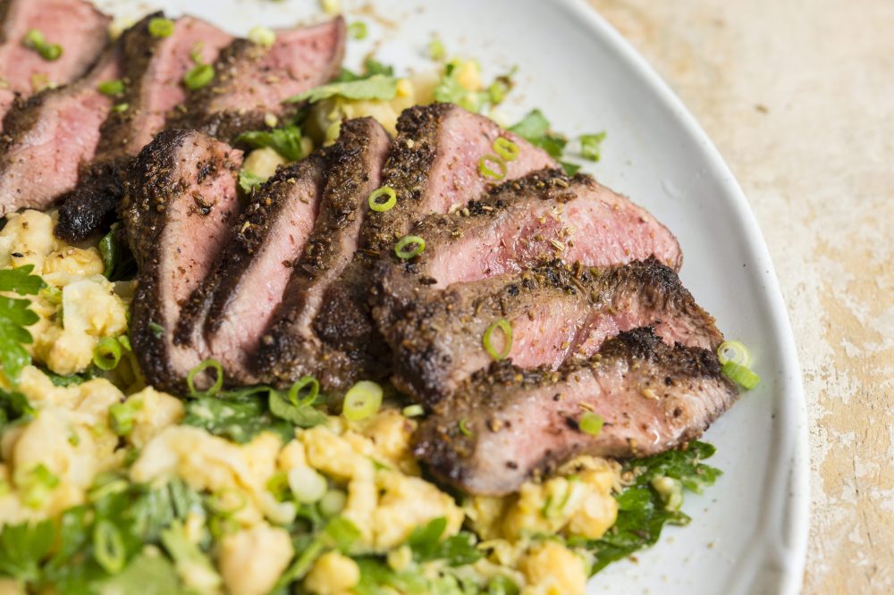 Spice-Crusted Steak with Mashed Chickpeas