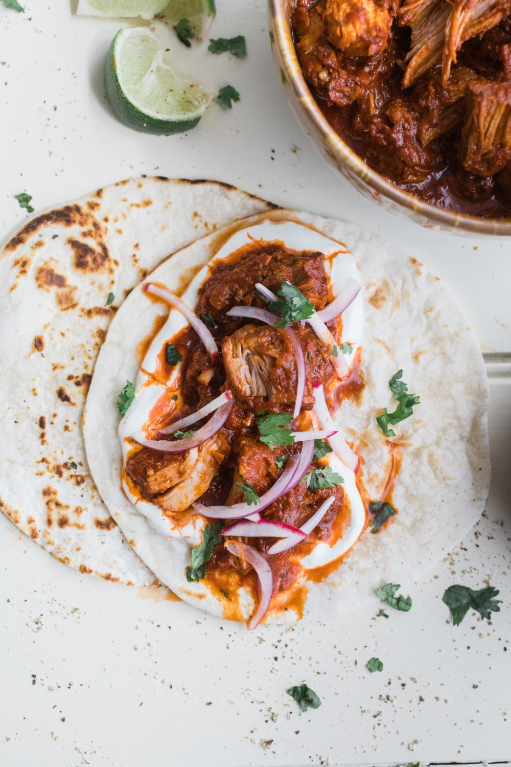 Brick-red carne adovada makes a perfect taco, but New Mexicans use flour tortillas—never corn.
