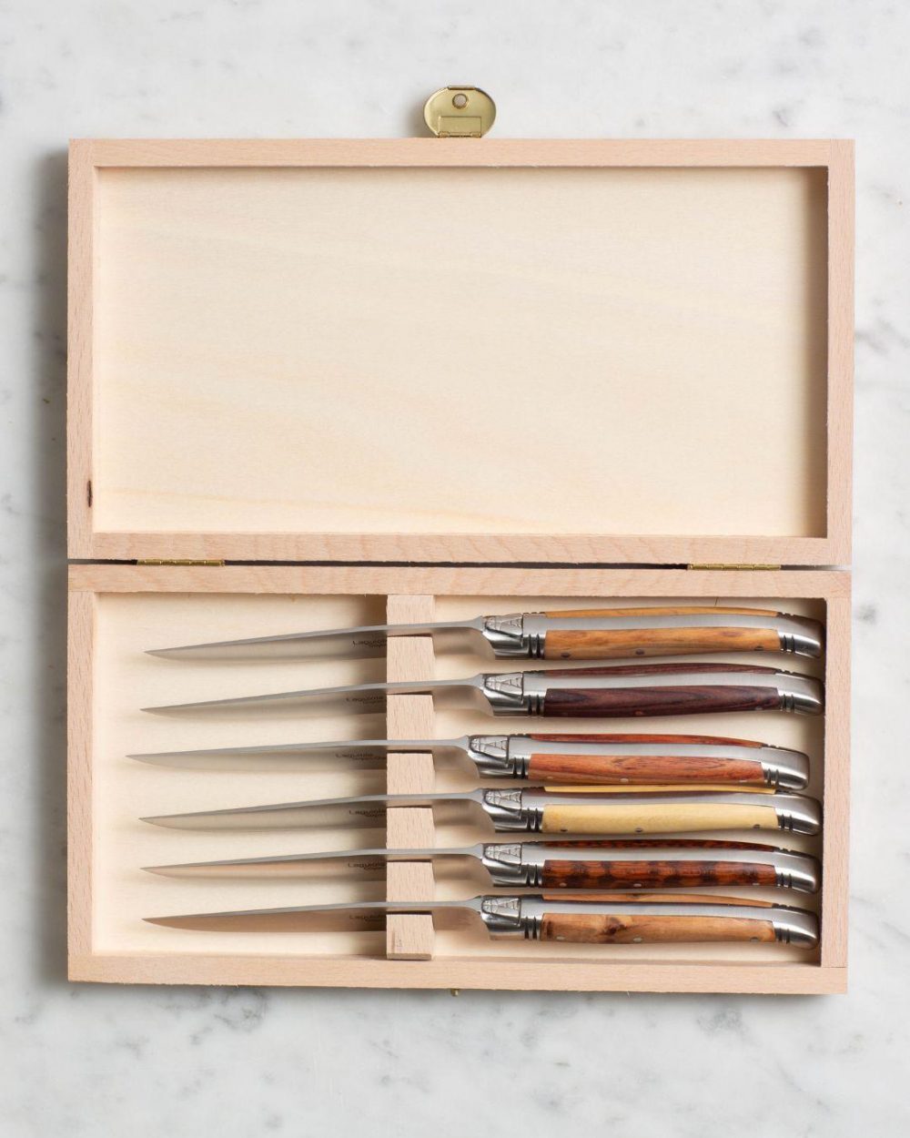 Goyon Chazeau Mixed Wood Brasserie Steak Knives in Beech Wooden Gift Box Set of 6