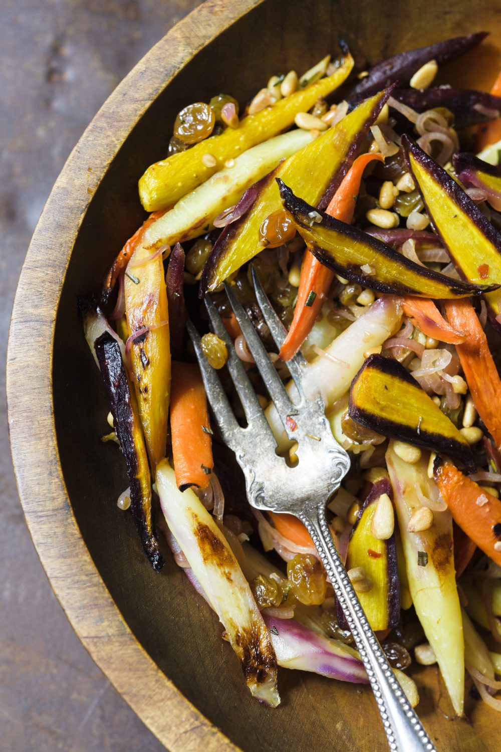 Roasted Carrots with Balsamic Raisins and Pine Nuts