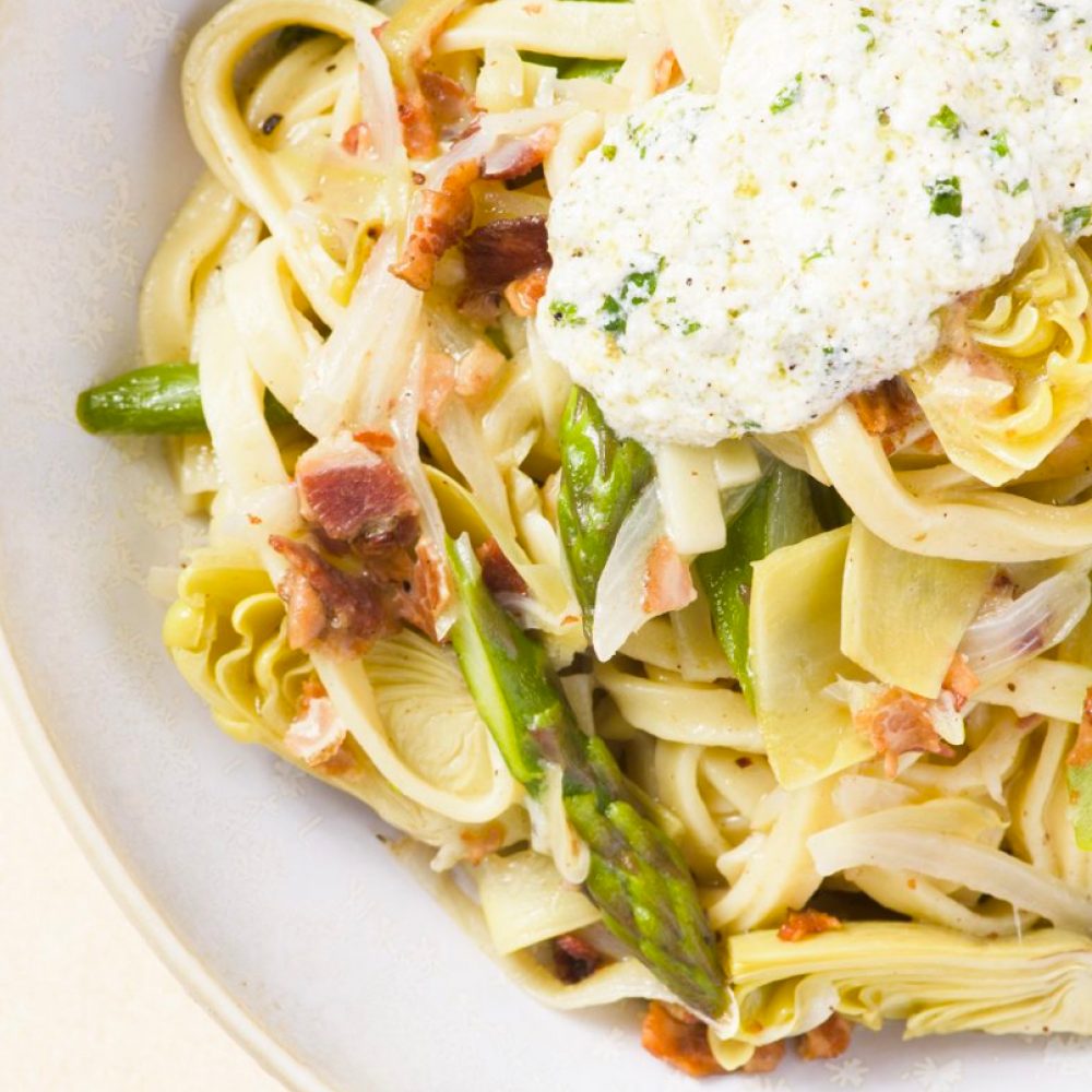 Linguine artichokes asparagus lemon mint ricotta milk street