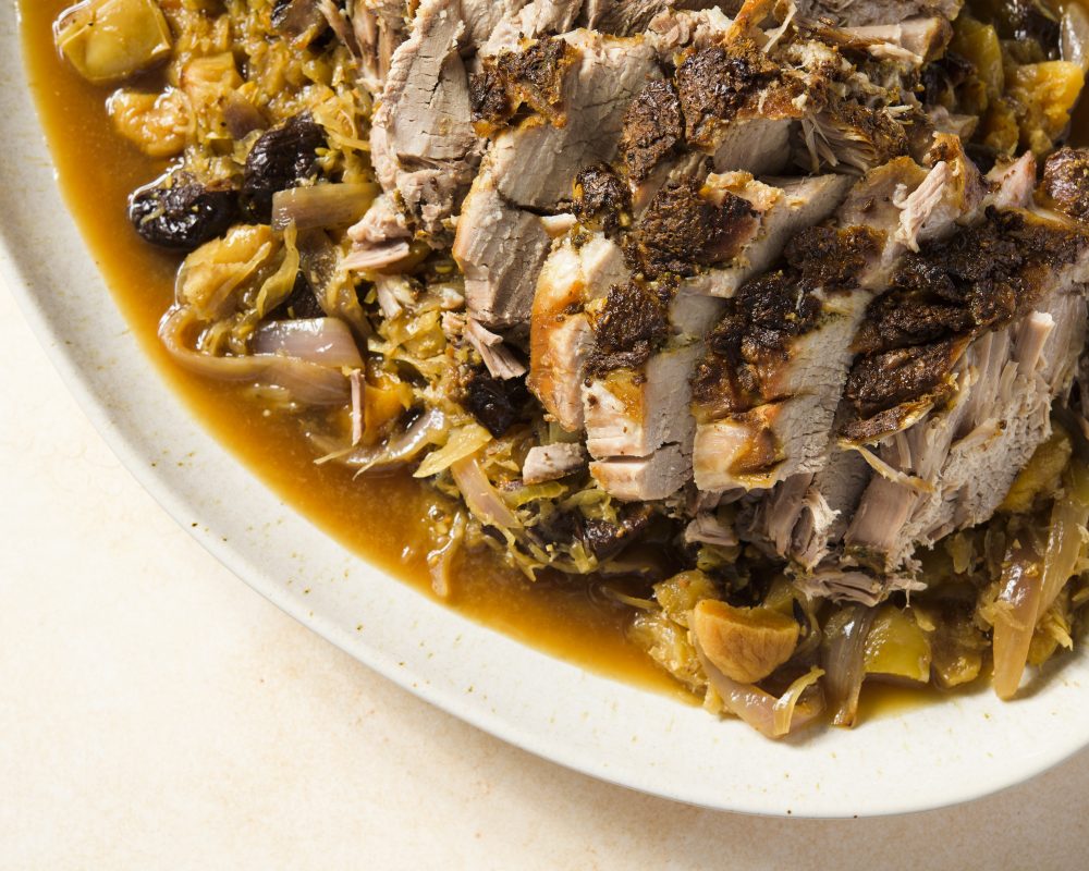 Slow roasted pork sauerkraut apples dried fruits h